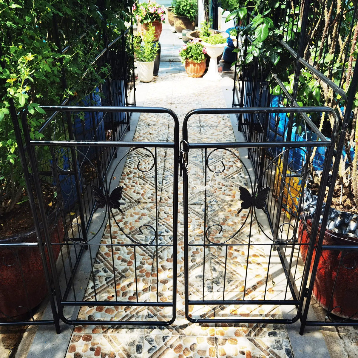 Metal Garden Arch With Gate | Black | Double Gate | Side Planters