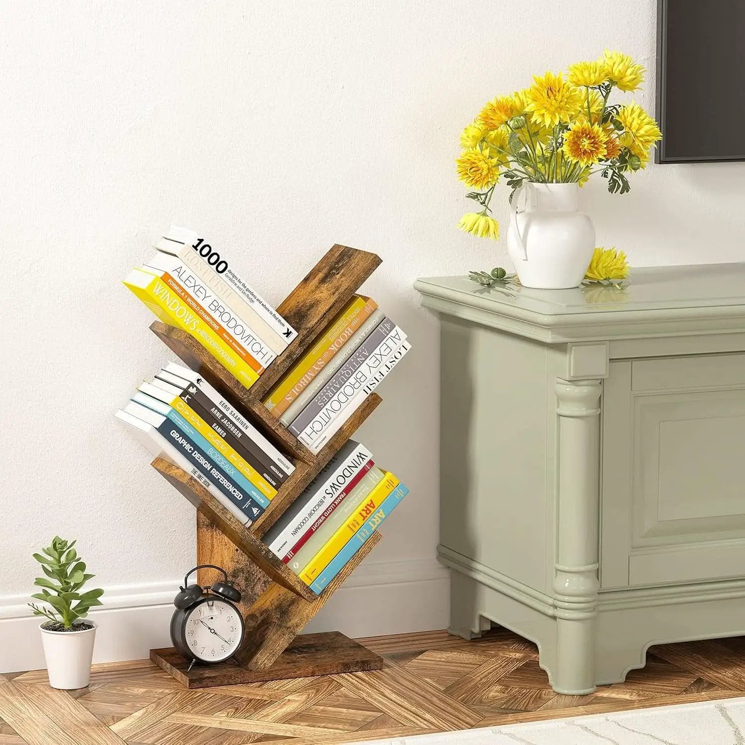 Rustic Brown 4 Tier Tree Bookshelf Free Standing Living Room from PriceLows™