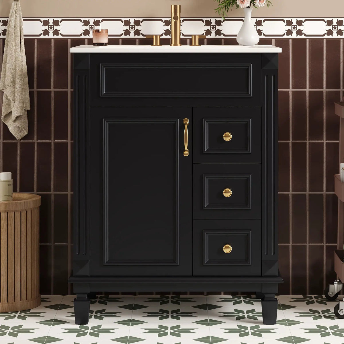 24 Inch Compact Bathroom Vanity | 2 Deep Drawers | Adjustable Shelf | Retro Button Handles