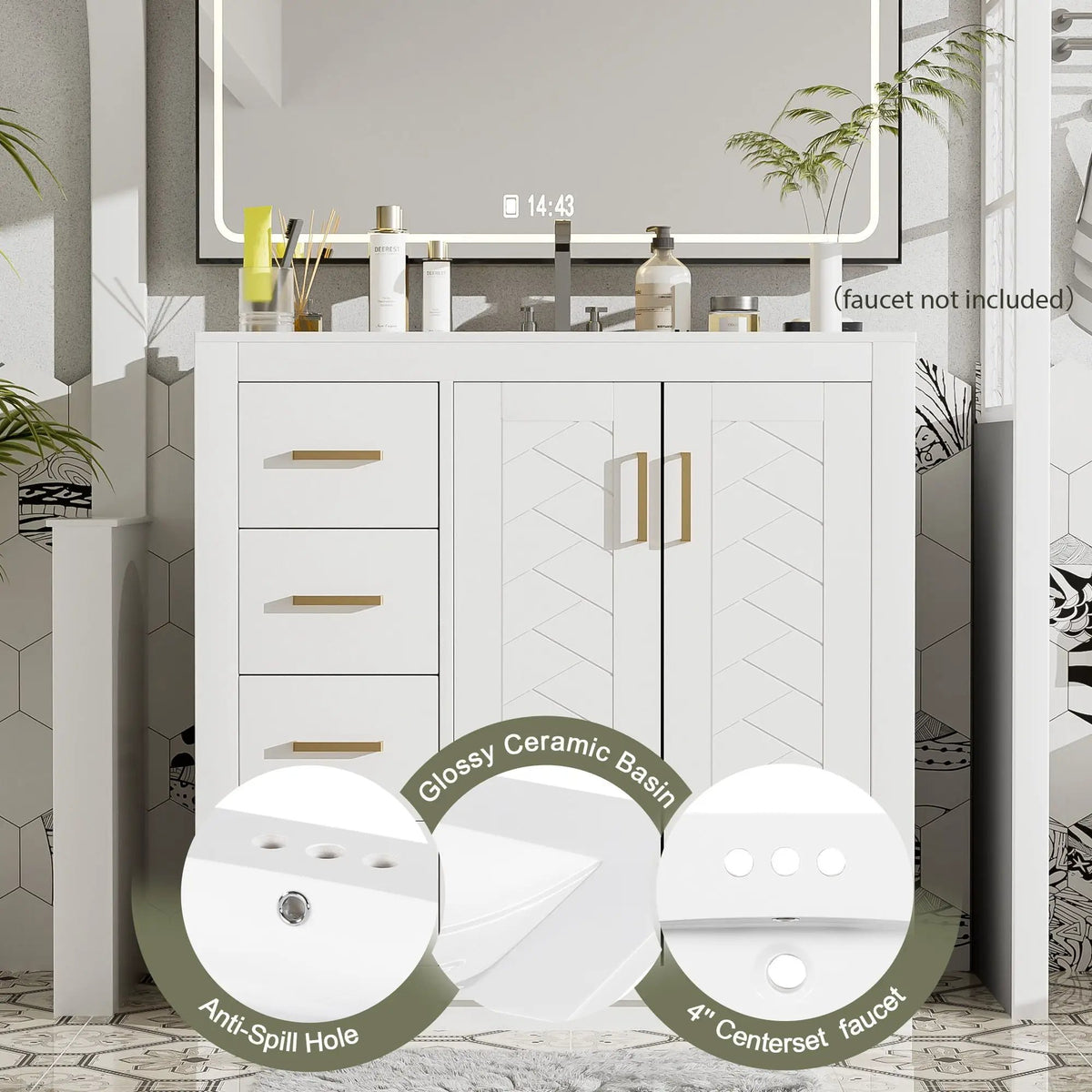 36 Inch Bathroom Vanity | Ceramic Sink Combo | 3 Drawers | Soft Closing Doors