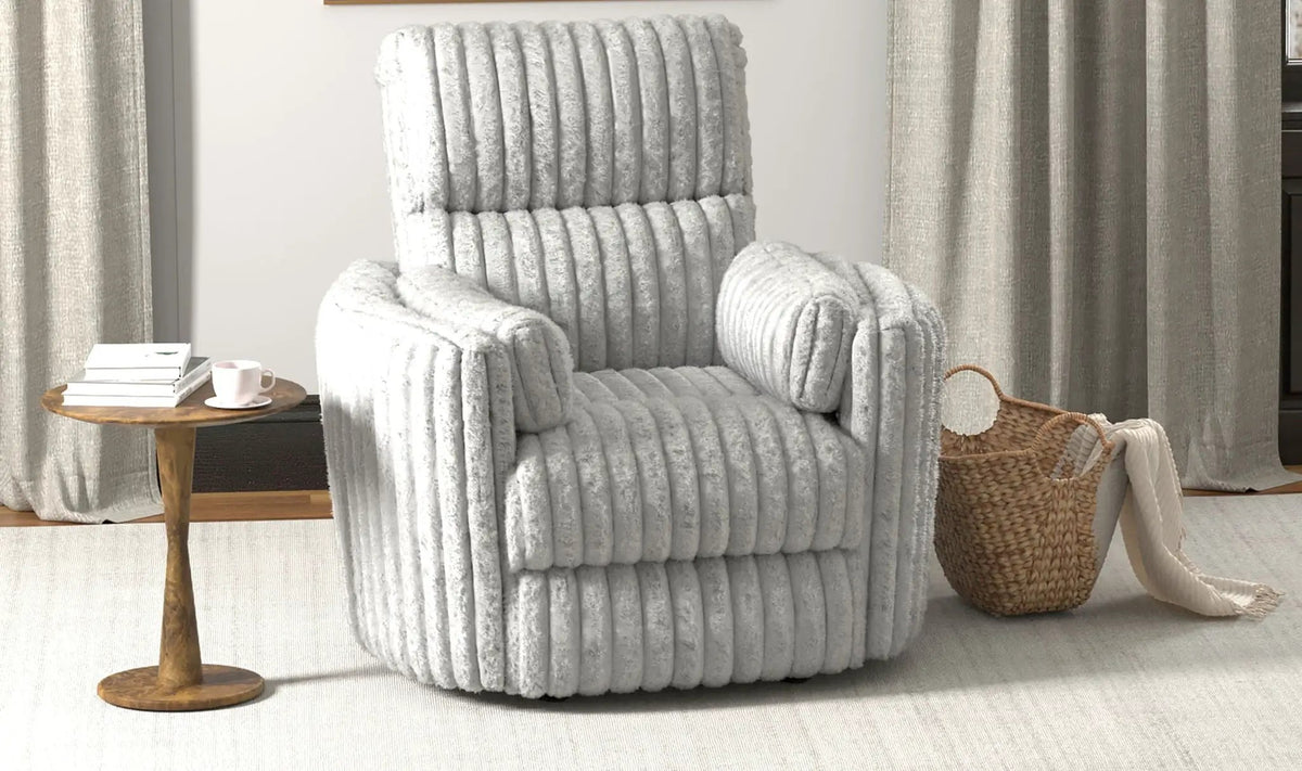 Daydream Swivel Glider Recliner | Unique Shape | Comfort Bolsters | Faux Fur