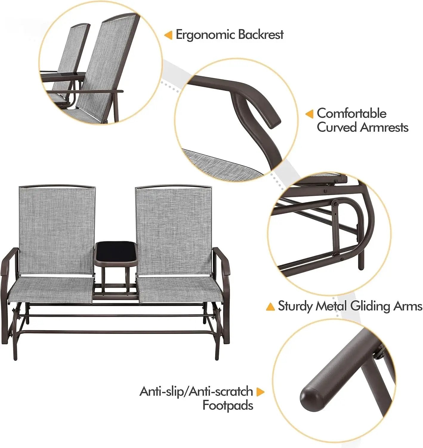 Two-Seat Outdoor Glider Bench with Center Table from PriceLows™