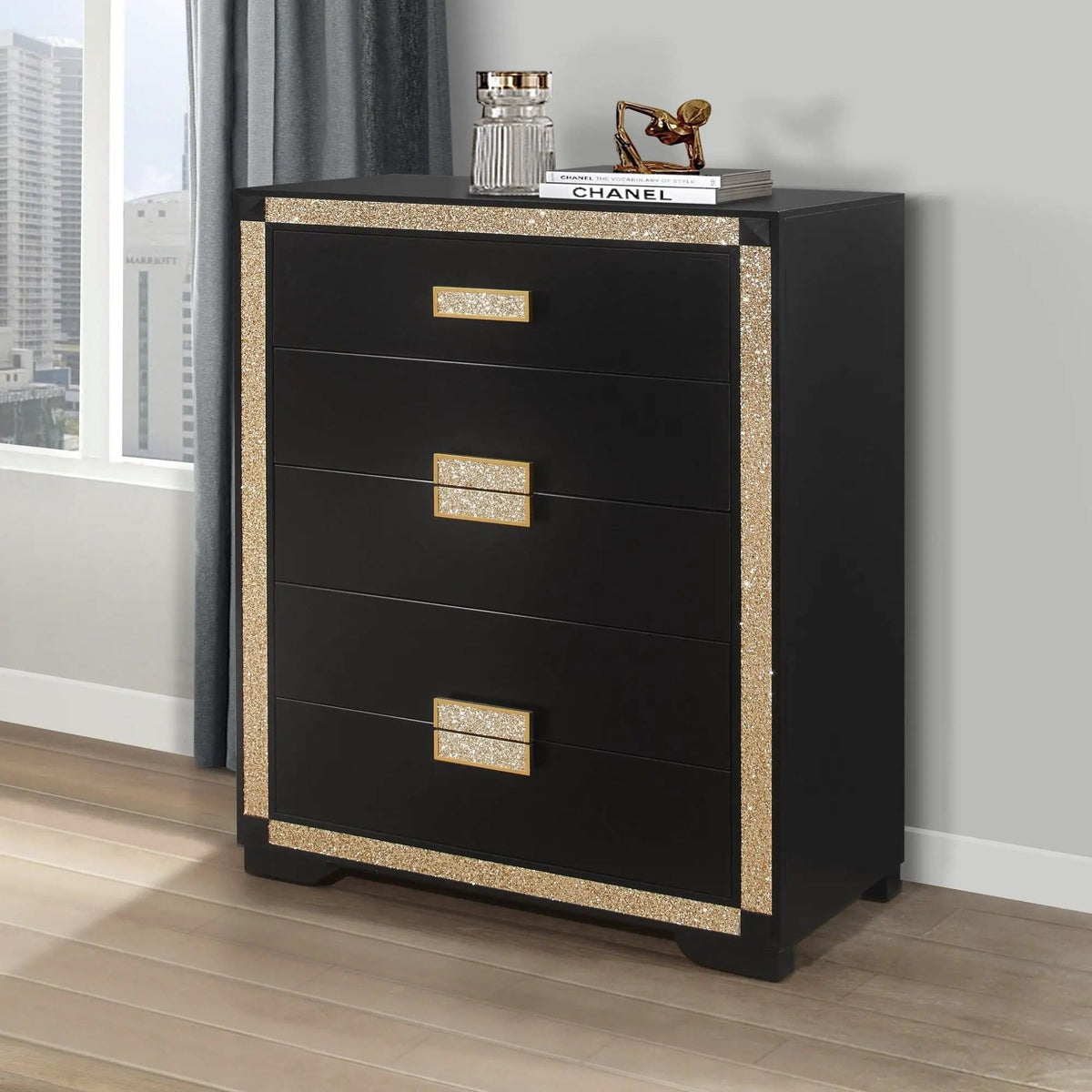 Lively Chest With Glitter Detail And Thick Bar Handle Hardware | 34.1 x 16.5 x 48.35 in | Wood | Black