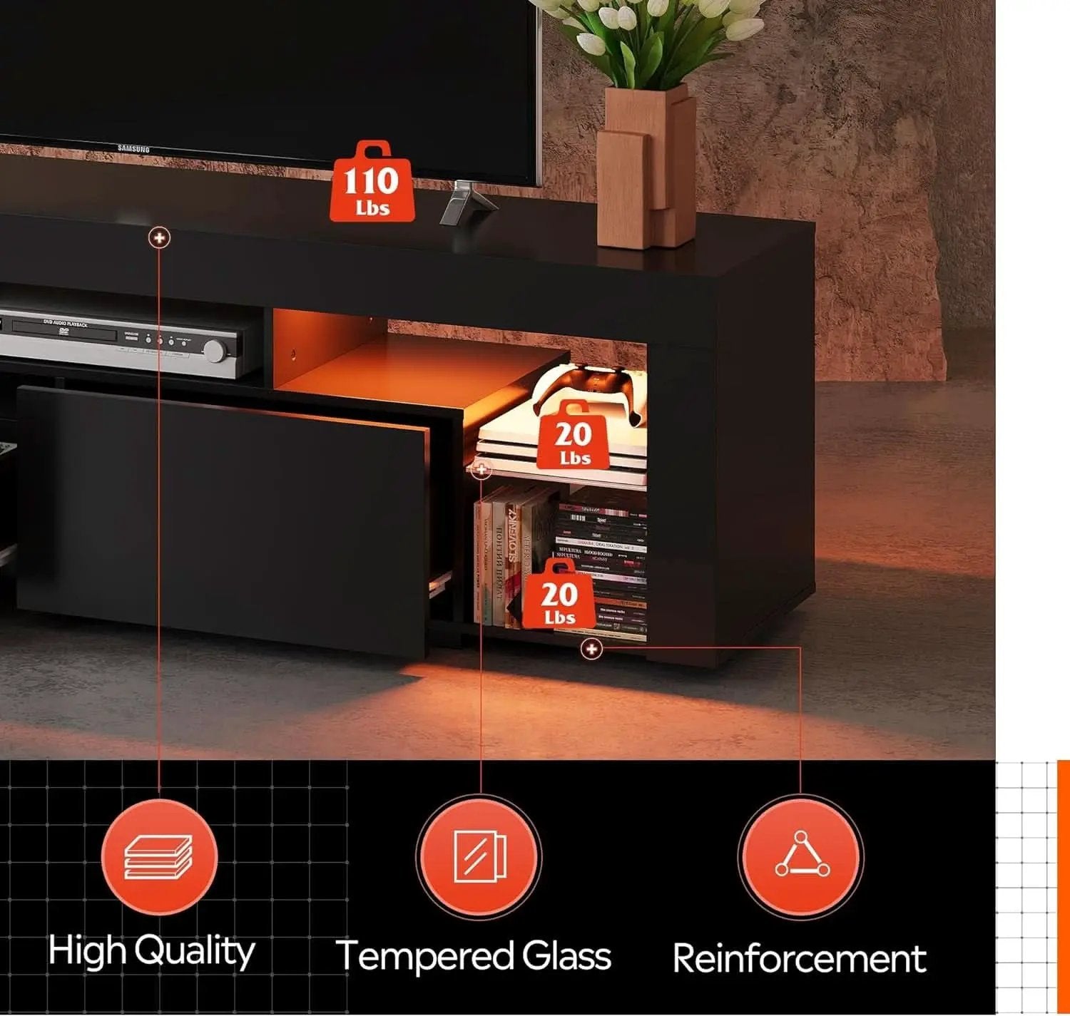 63 Inch Black LED TV Stand With 2 Drawers For Living Room from PriceLows™