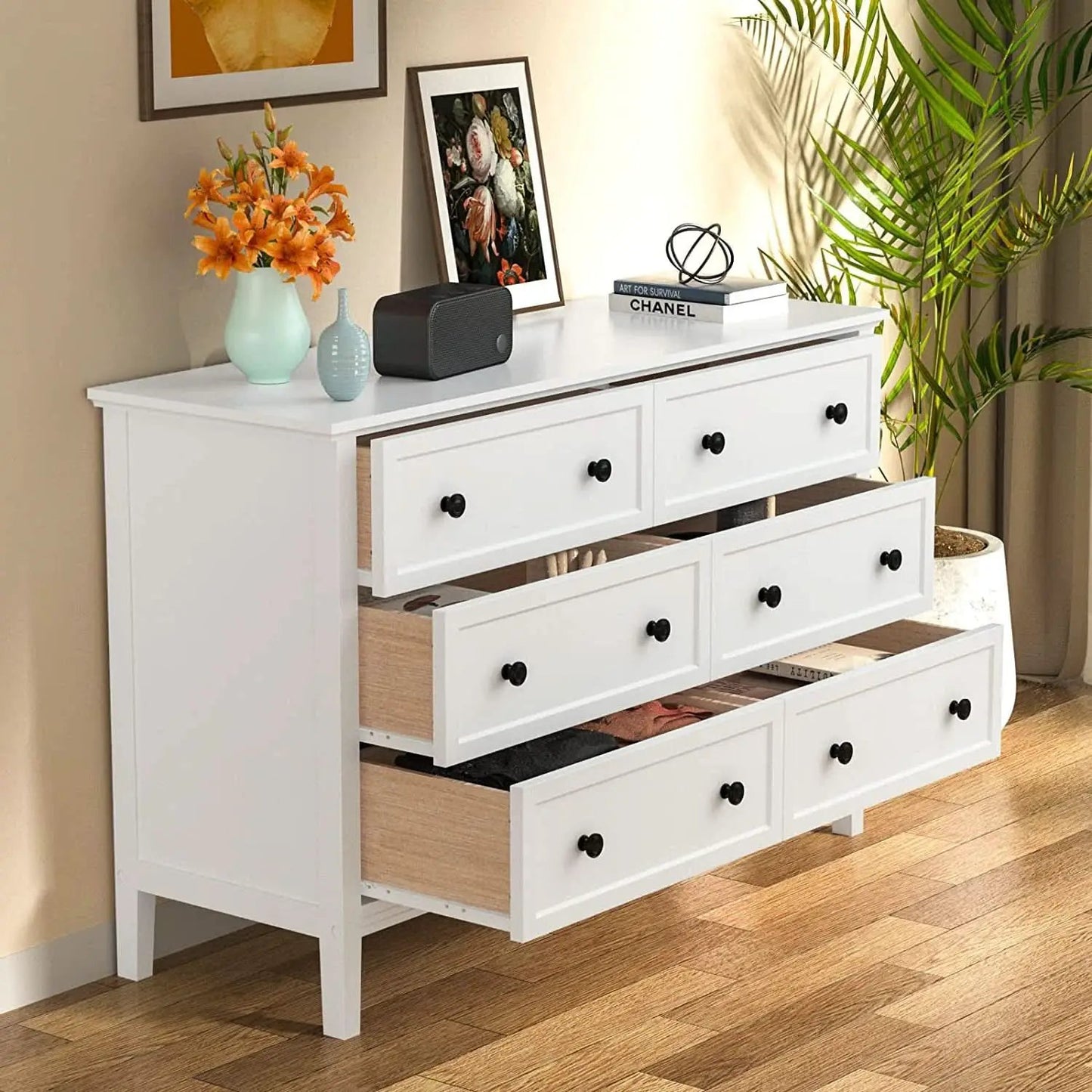 Modern White 6-Drawer Dresser With Metal Handles Bedroom from PriceLows™