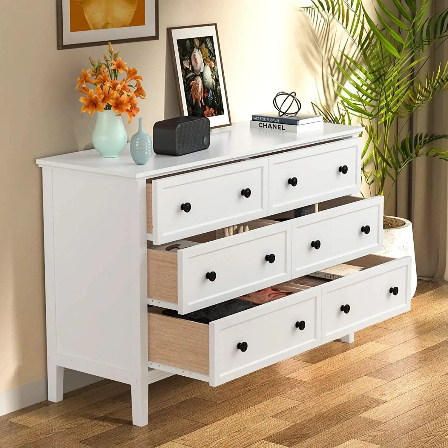 Modern White 6-Drawer Dresser With Metal Handles Bedroom from PriceLows™