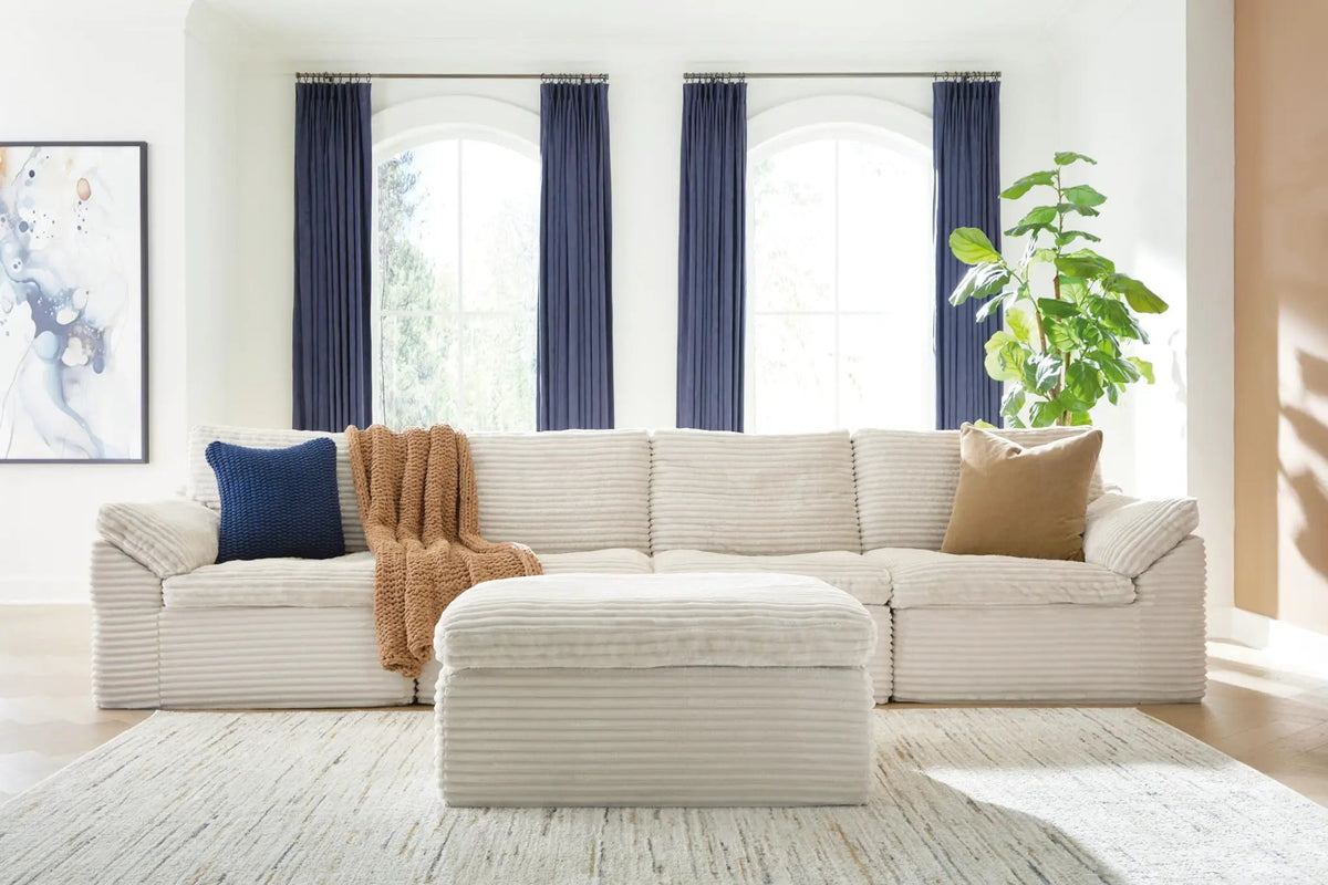 Sectional Sofa | Corduroy | Memory Foam | With Ottoman Ivory