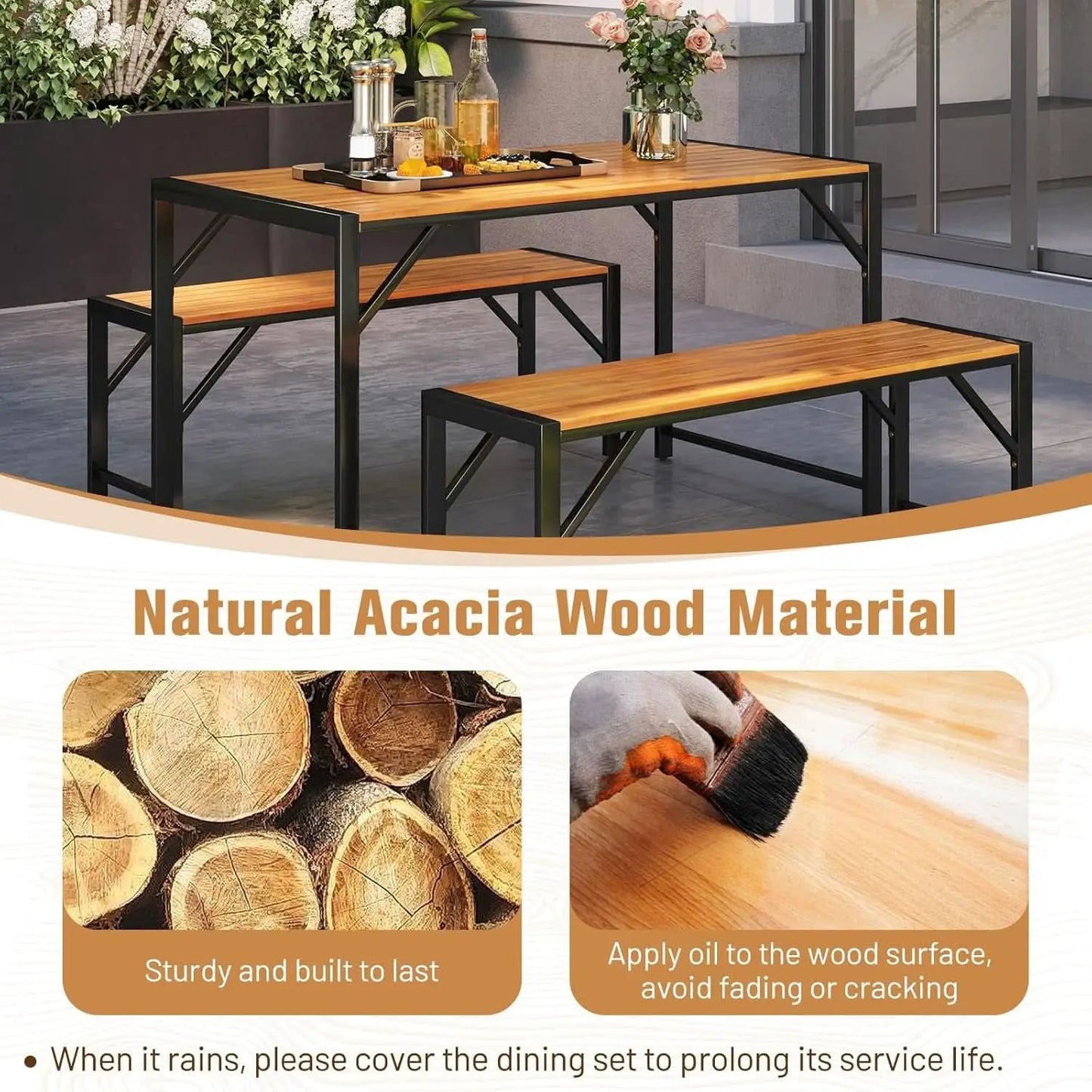 3 Piece Patio Dining Set For Six With 53 Inch Acacia Wood Table And Space Saving Benches from PriceLows™