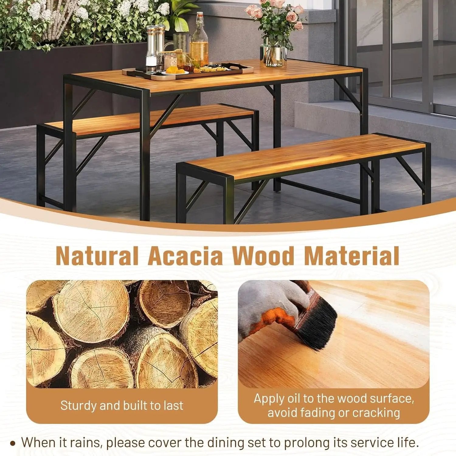 3 Piece Patio Dining Set For Six With 53 Inch Acacia Wood Table And Space Saving Benches from PriceLows™