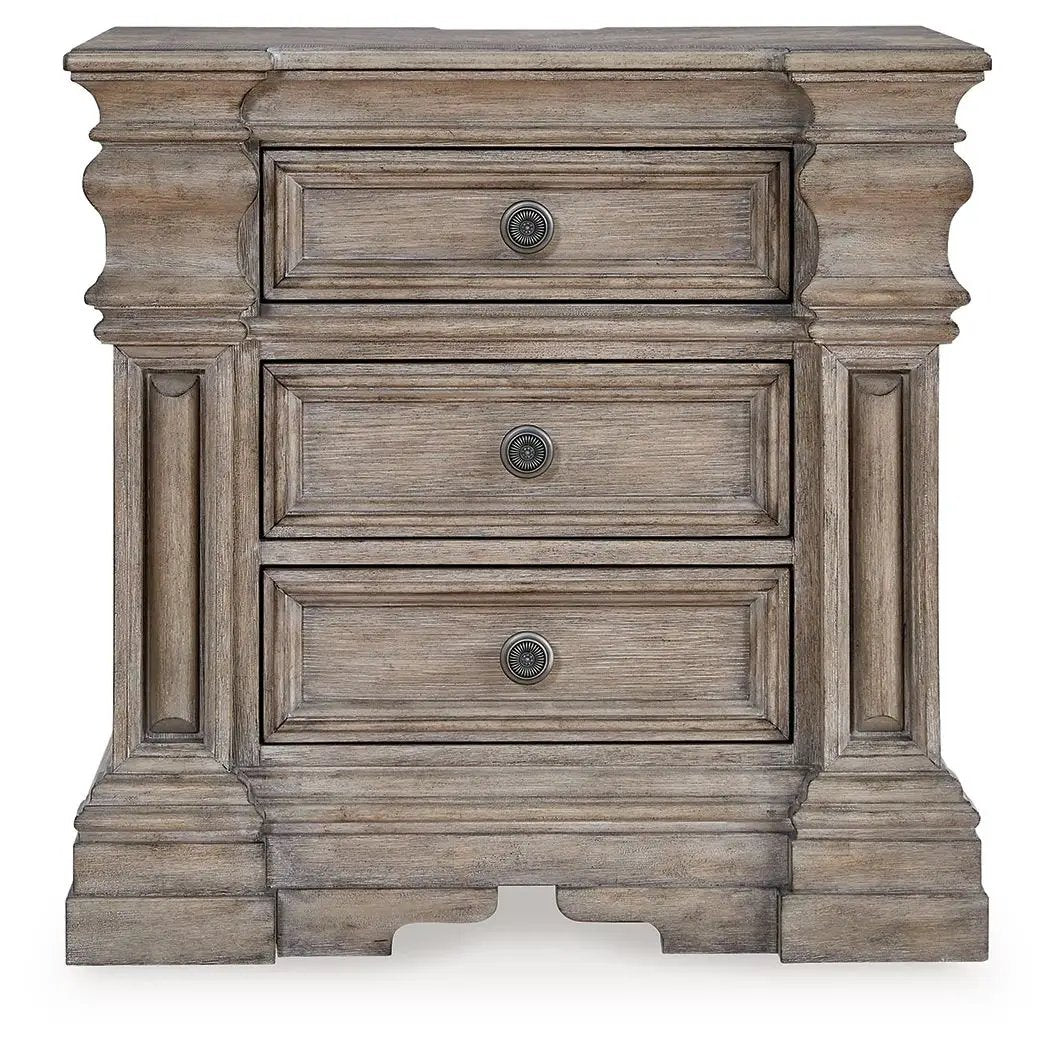 Blairhurst Three Drawer Nightstand | Charging | Light Grayish Brown | Lined Top Drawer