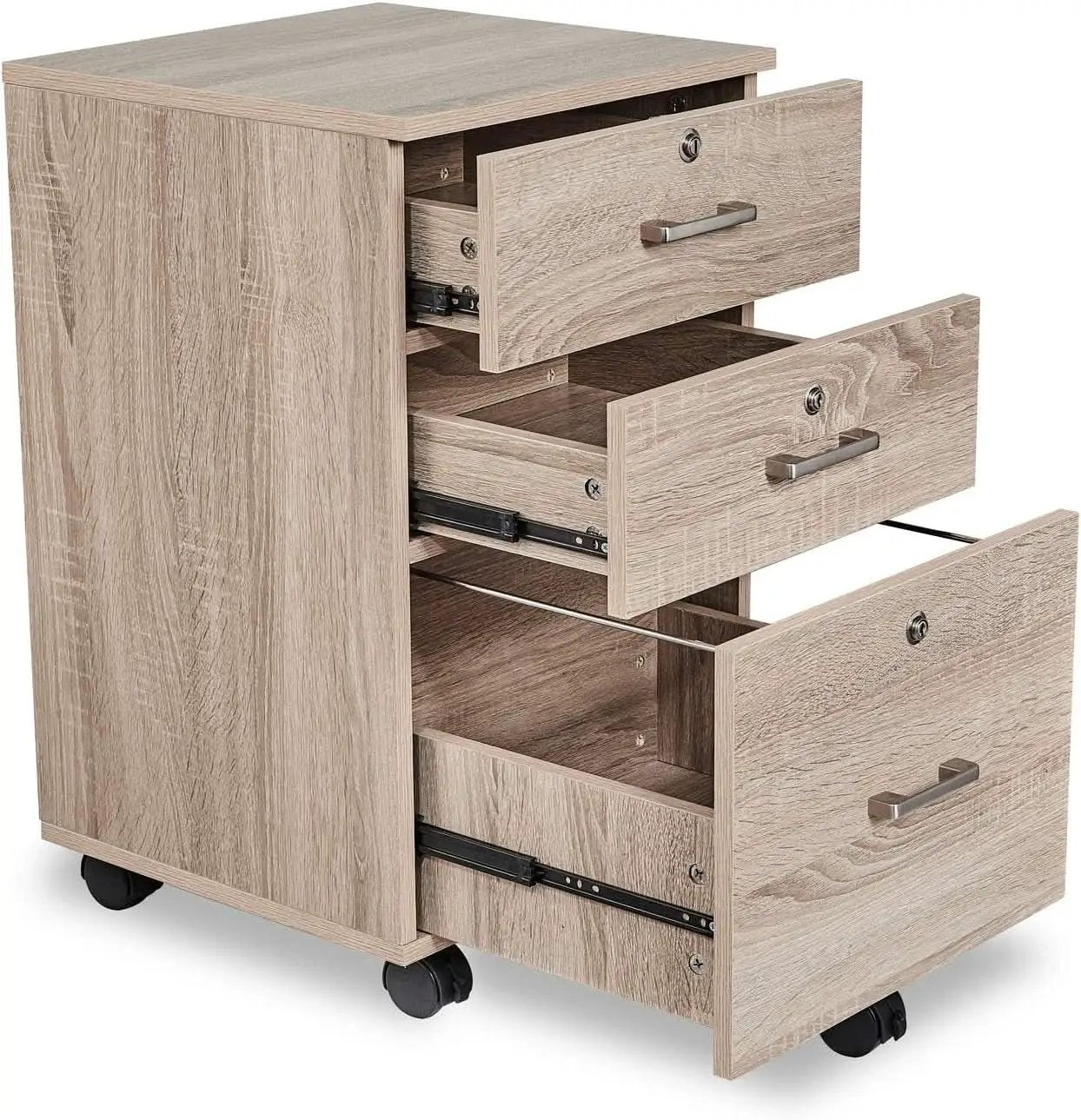 Oak 26 Inch High 3 Drawer File Cabinet With Lock For Letter Size Files And Mobile Under Desk from PriceLows™