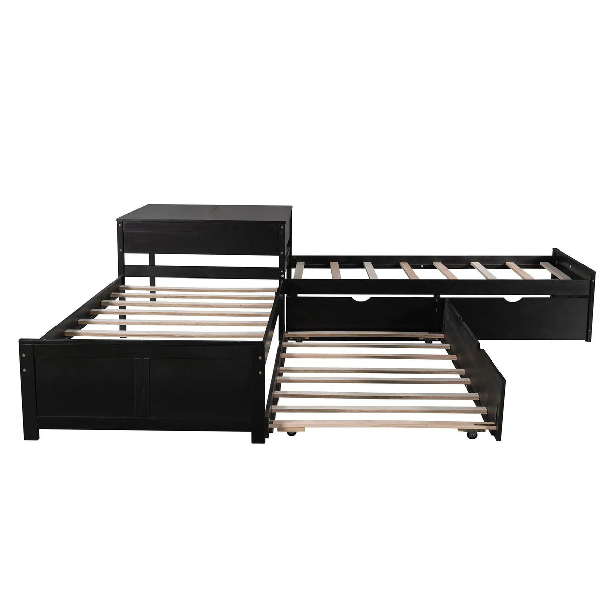 L Shaped Platform Bed | Built In Desk | Trundle With Drawers | Twin Size