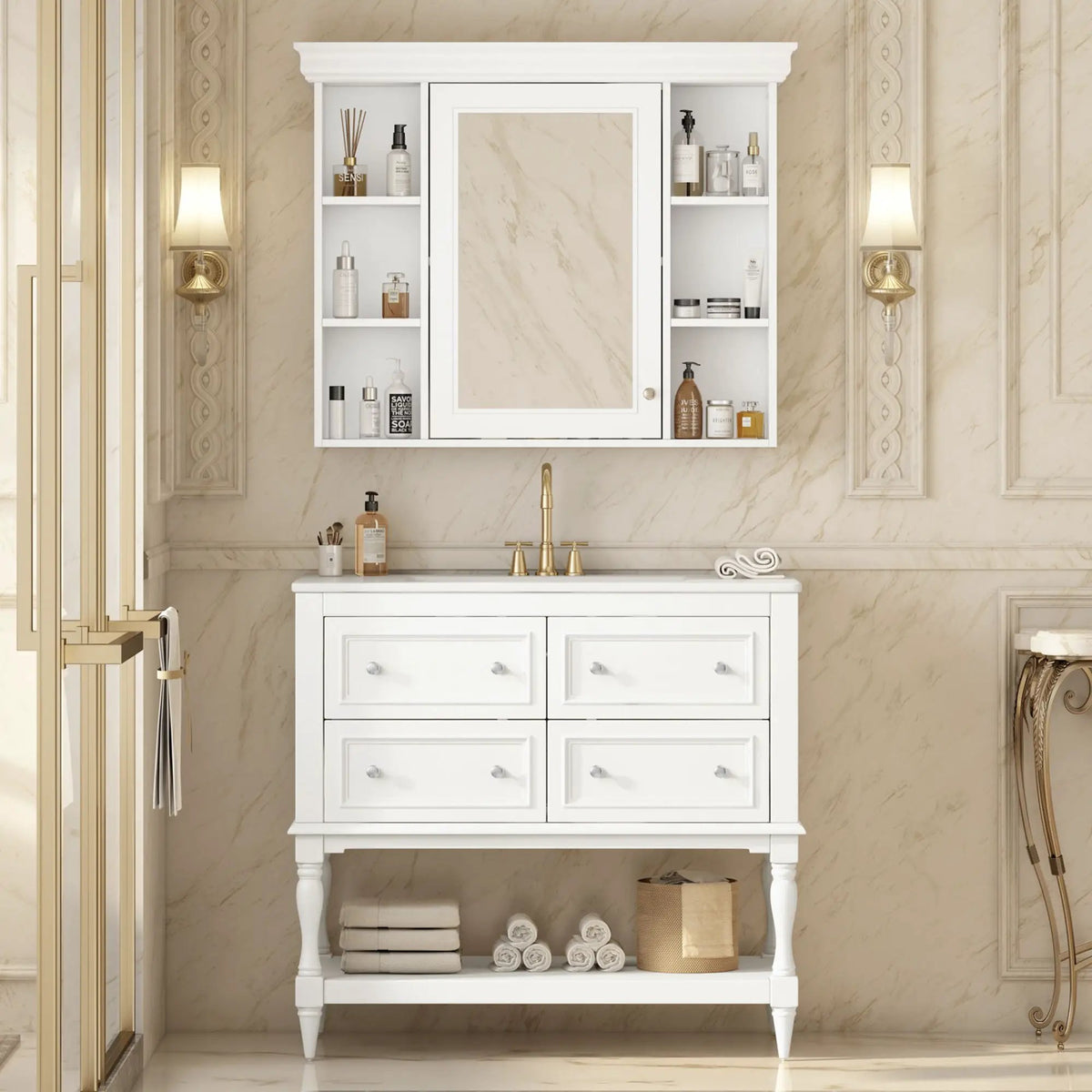 Bathroom Vanity With Medicine Cabinet | 4 Extension Drawers | Adjustable Shelf Mirror | Solid Wood Frame