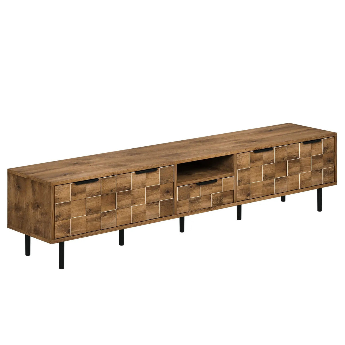 Natural TV Stand | L Shaped Handles | Checkered Design | Four Soft-Closing Cabinets