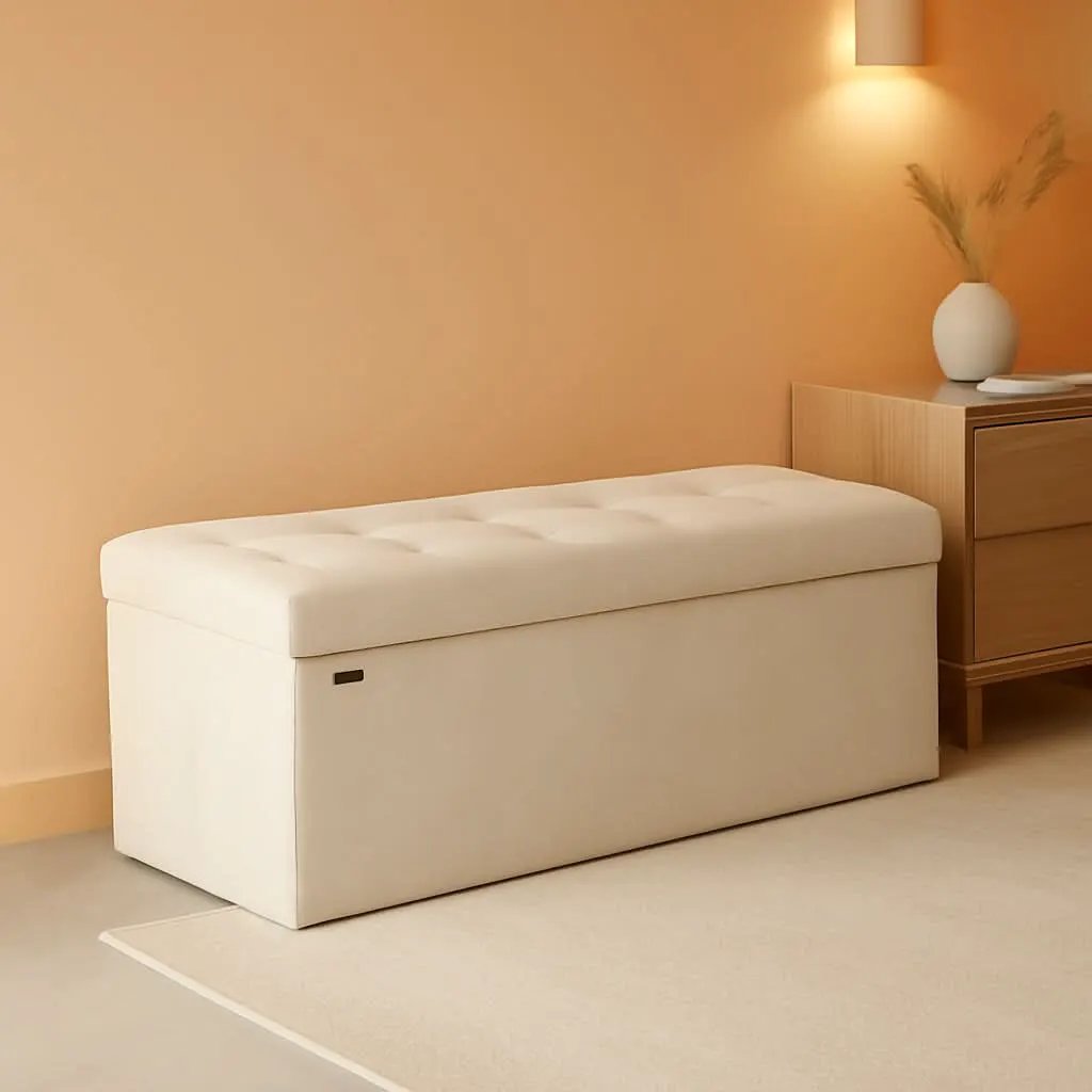 Cream White Storage Ottoman Bench Foldable 15x43x15 from PriceLows™