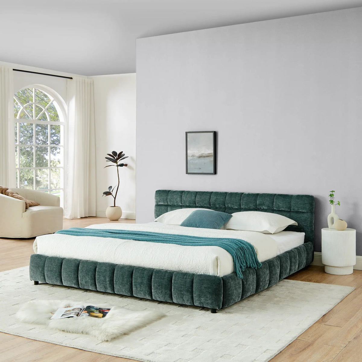 Modern Platform Storage Bed Frame | Thick Fabric Upholstery | Soft Headboard | Solid Construction