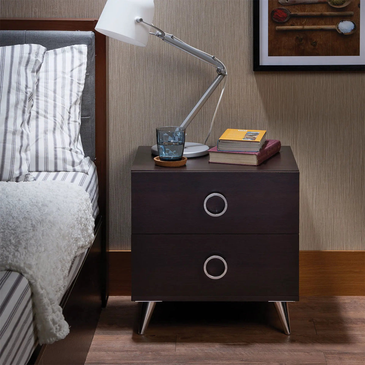 Elms Accent Table Nightstand | Espresso Finish | Two Storage Drawers | Silver Ring Handles