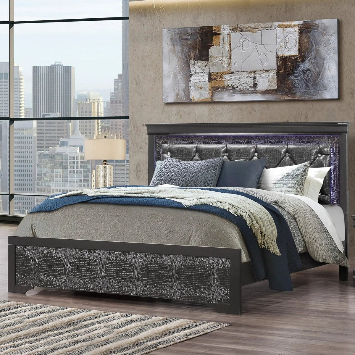 Shaker Bed With LED Lighting | Crystal Inspired Tufted Headboard | Padded Headboard | Ambient Lights