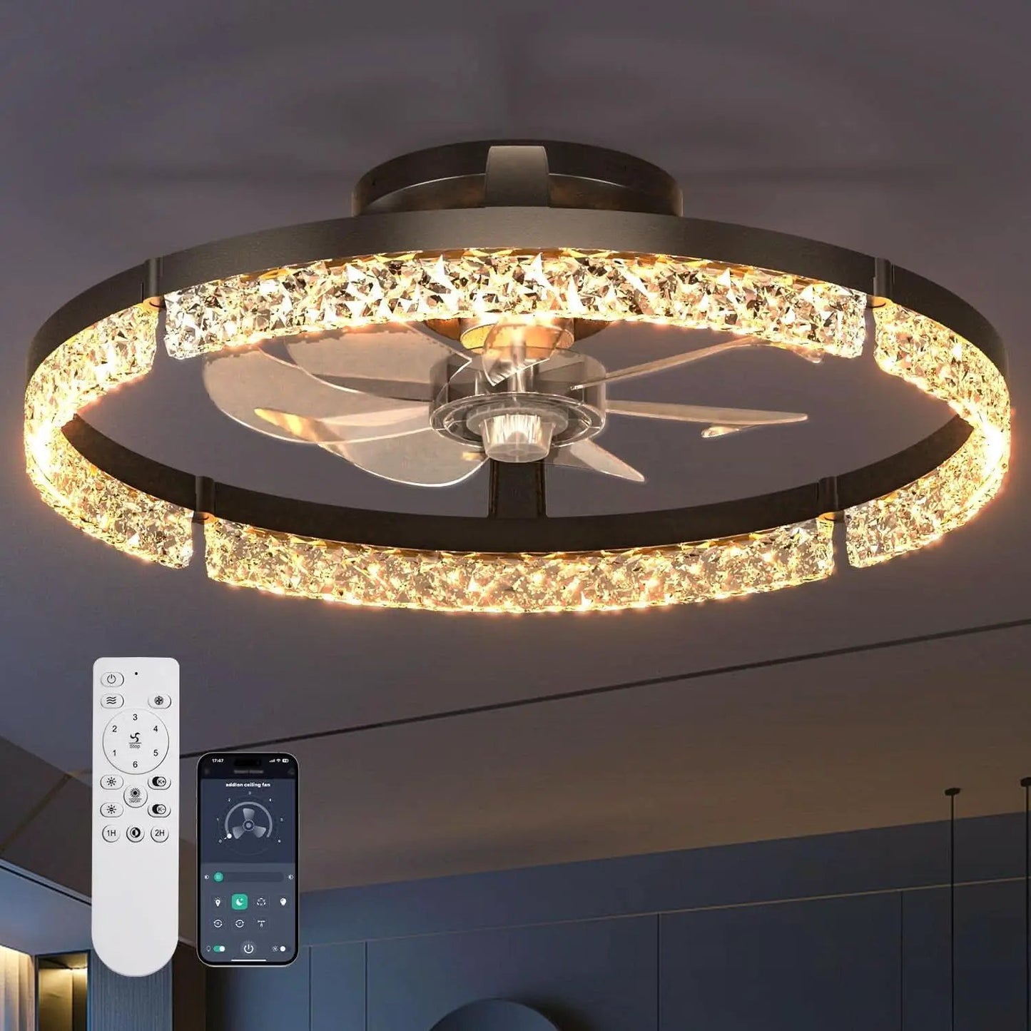 20 Inch Black Low Profile Ceiling Fan With Remote Dimmable from PriceLows™