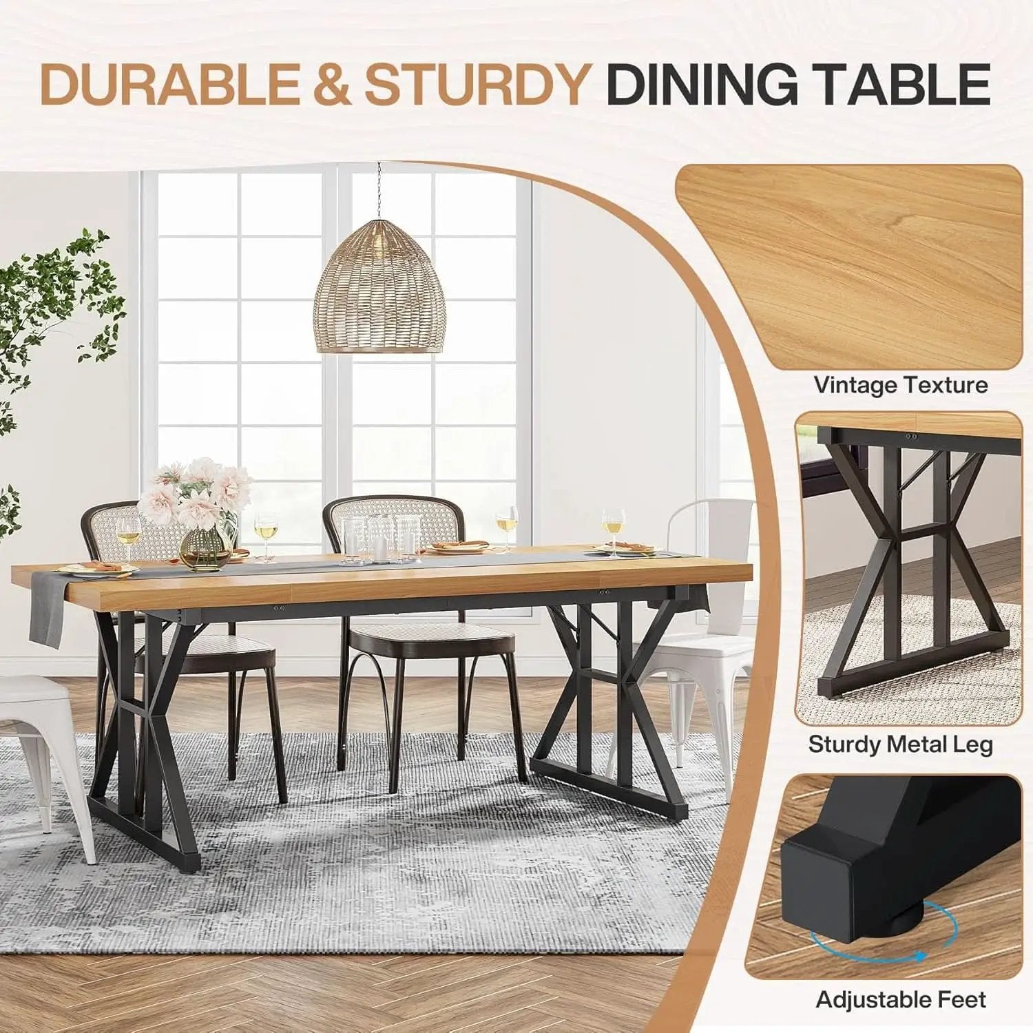 Farmhouse Dining Table 70.8 Inch Wood With Metal Legs from PriceLows™
