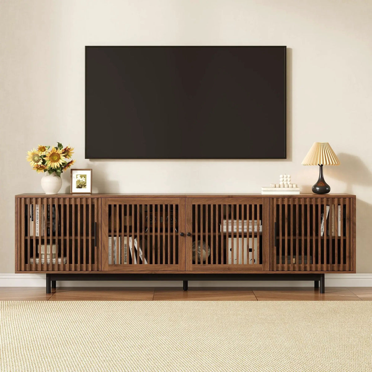 TV Stand | Walnut Finish | Slatted Doors | Cable Management