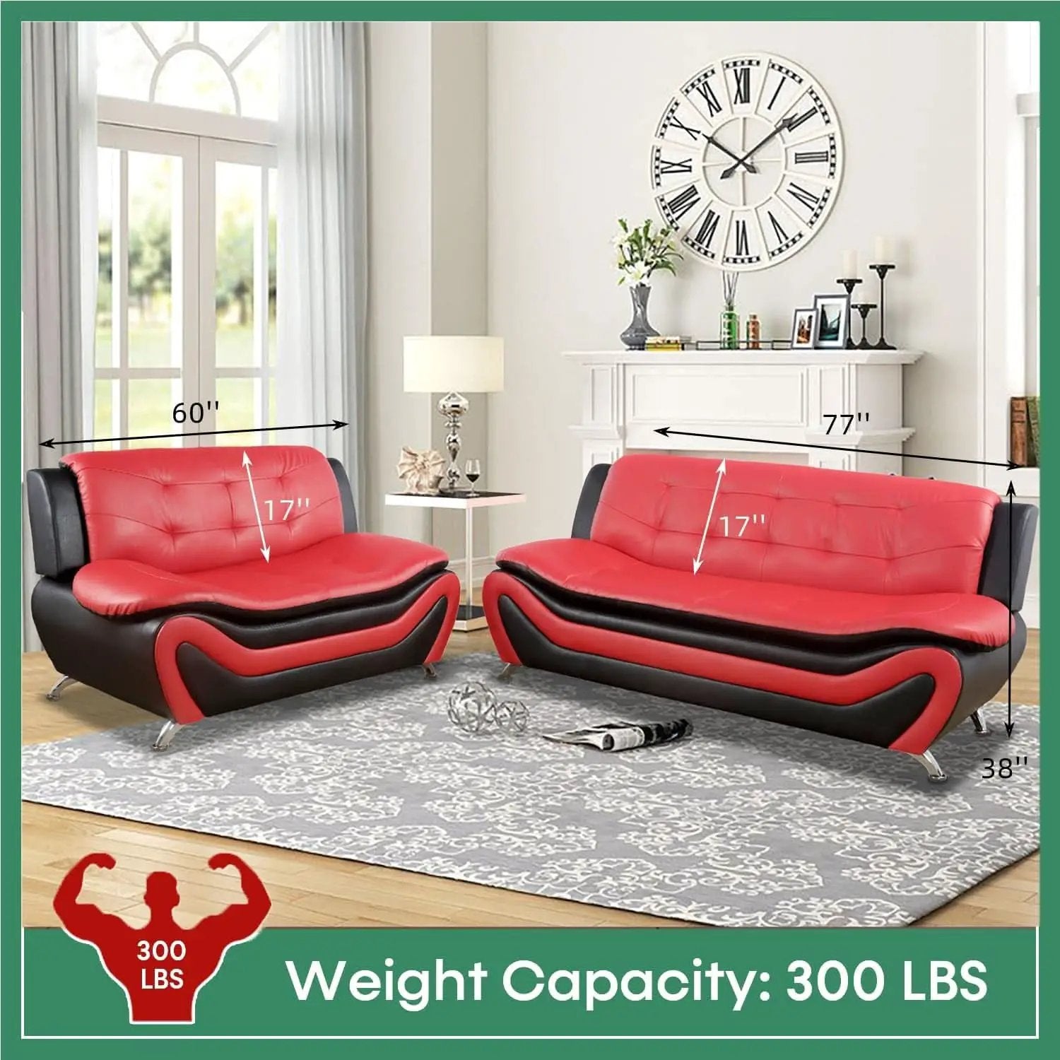 Leather Three Piece Living Room Sofa Set Black And Red from PriceLows™