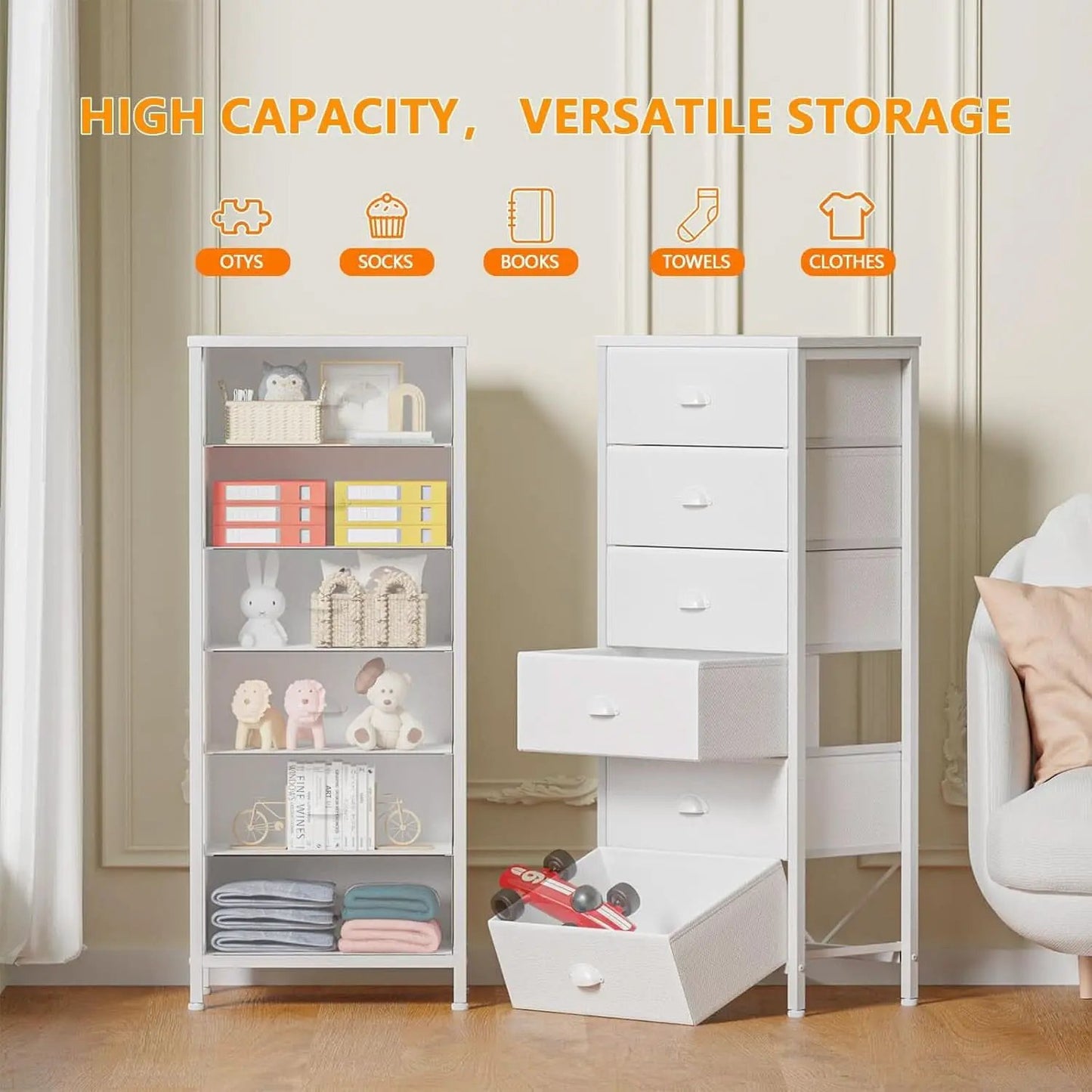 White Tall Dresser With Six Fabric Drawers For Organization from PriceLows™