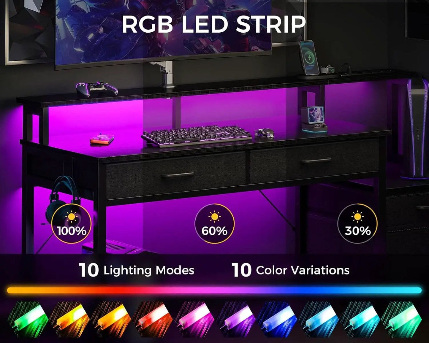 48-Inch Black Gaming Desk With LED Lights And Power Outlets from PriceLows™