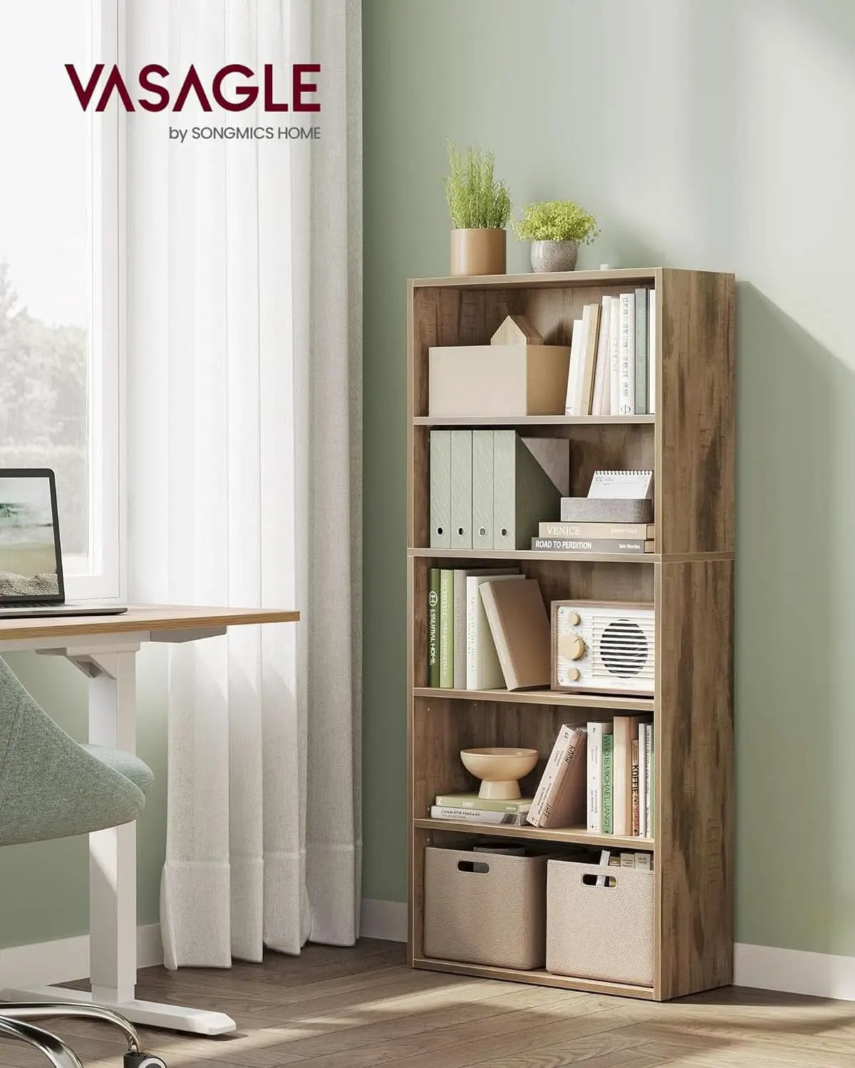 Bookshelf 23.6 Wide 5 Tier Adjustable Bookcase Camel Brown from PriceLows™