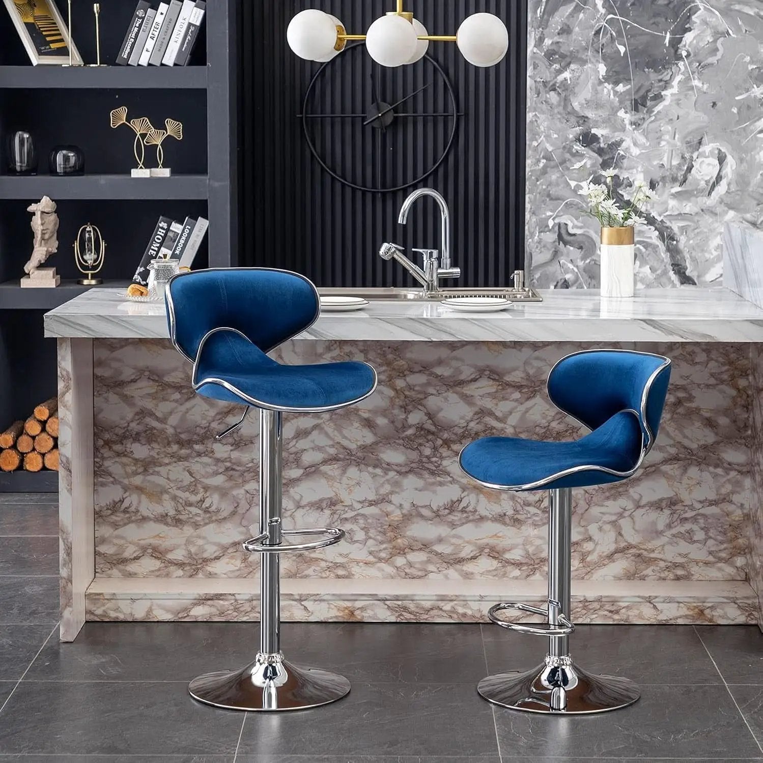 Blue Velvet Upholstered Adjustable Swivel Barstool Set Of 2 from PriceLows™