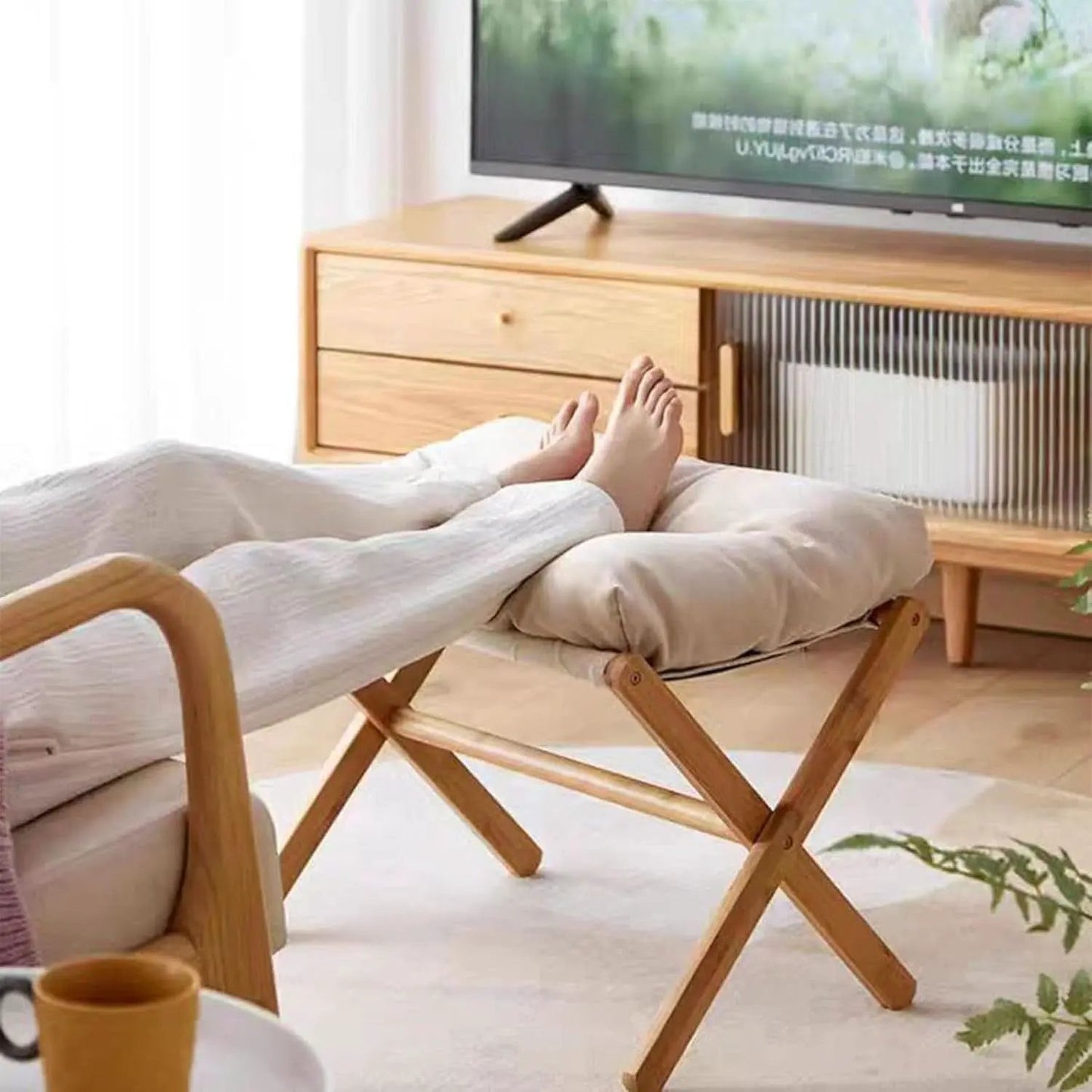 Bamboo Foldable Ottoman Foot Rest Beige Upholstered from PriceLows™