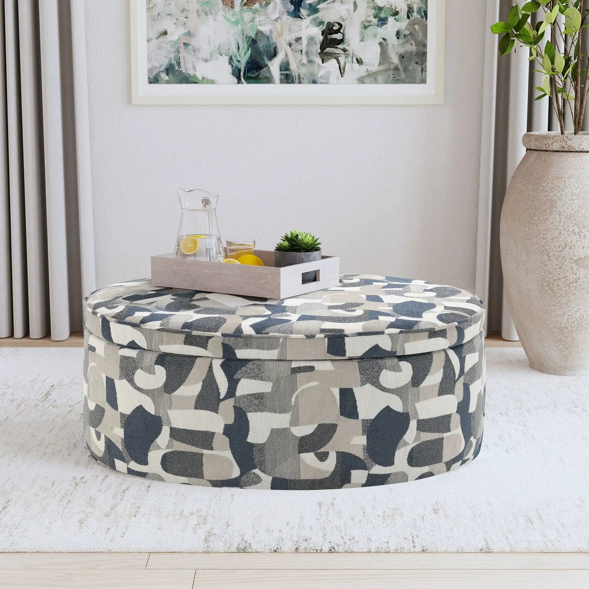 Tomkins Oval Upholstered Storage Ottoman Indigo | 39.25 x 27.5 x 16.5 in | Living Room Furniture | Blue