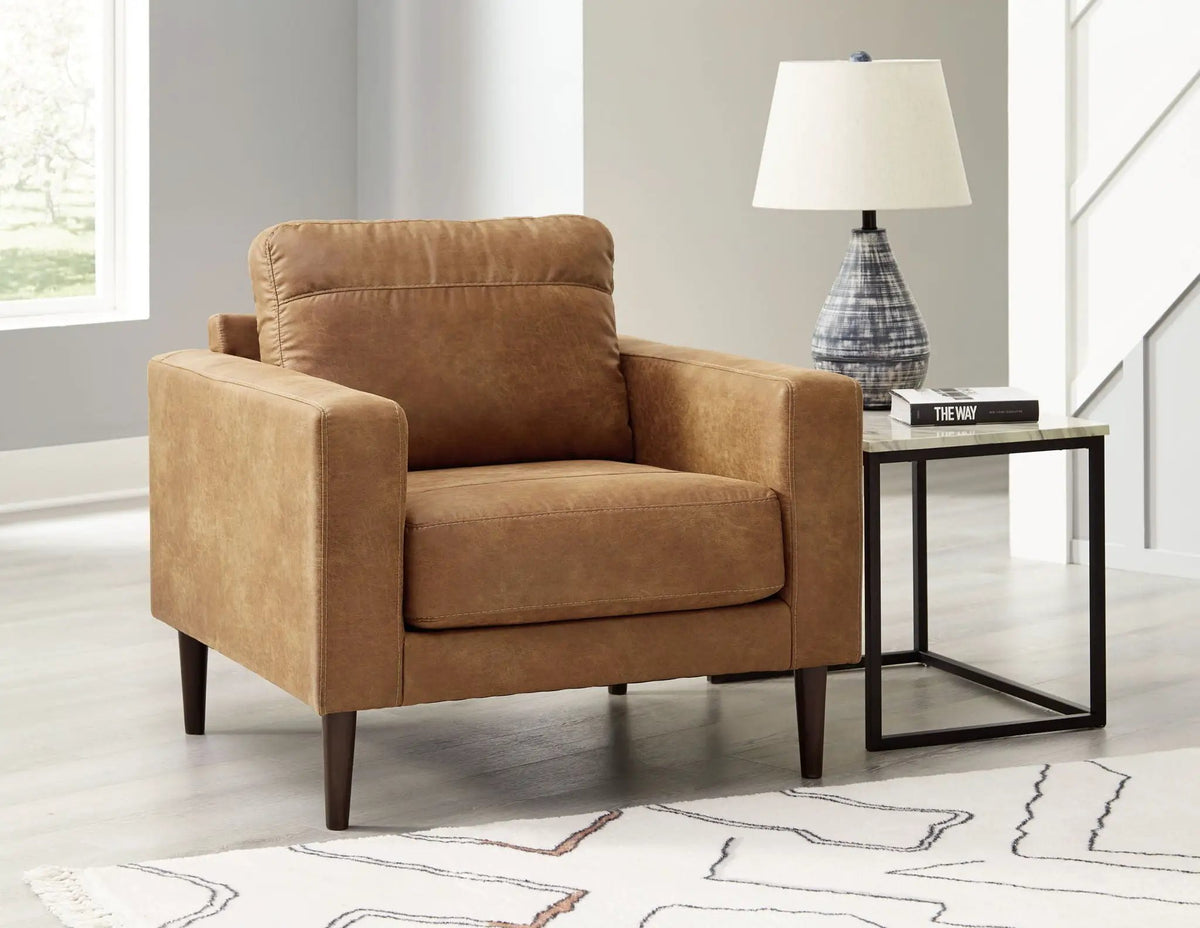 Living Room Set | Caramel Faux Leather | Retro Contemporary Style | Small Scale