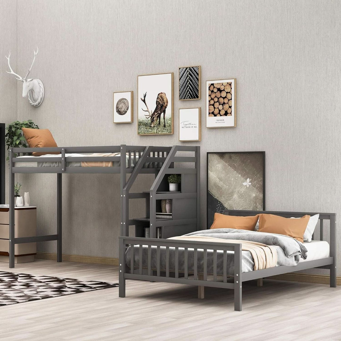 Gray Twin Over Full Bunk Bed With Storage Stairs Solid Wood from PriceLows™