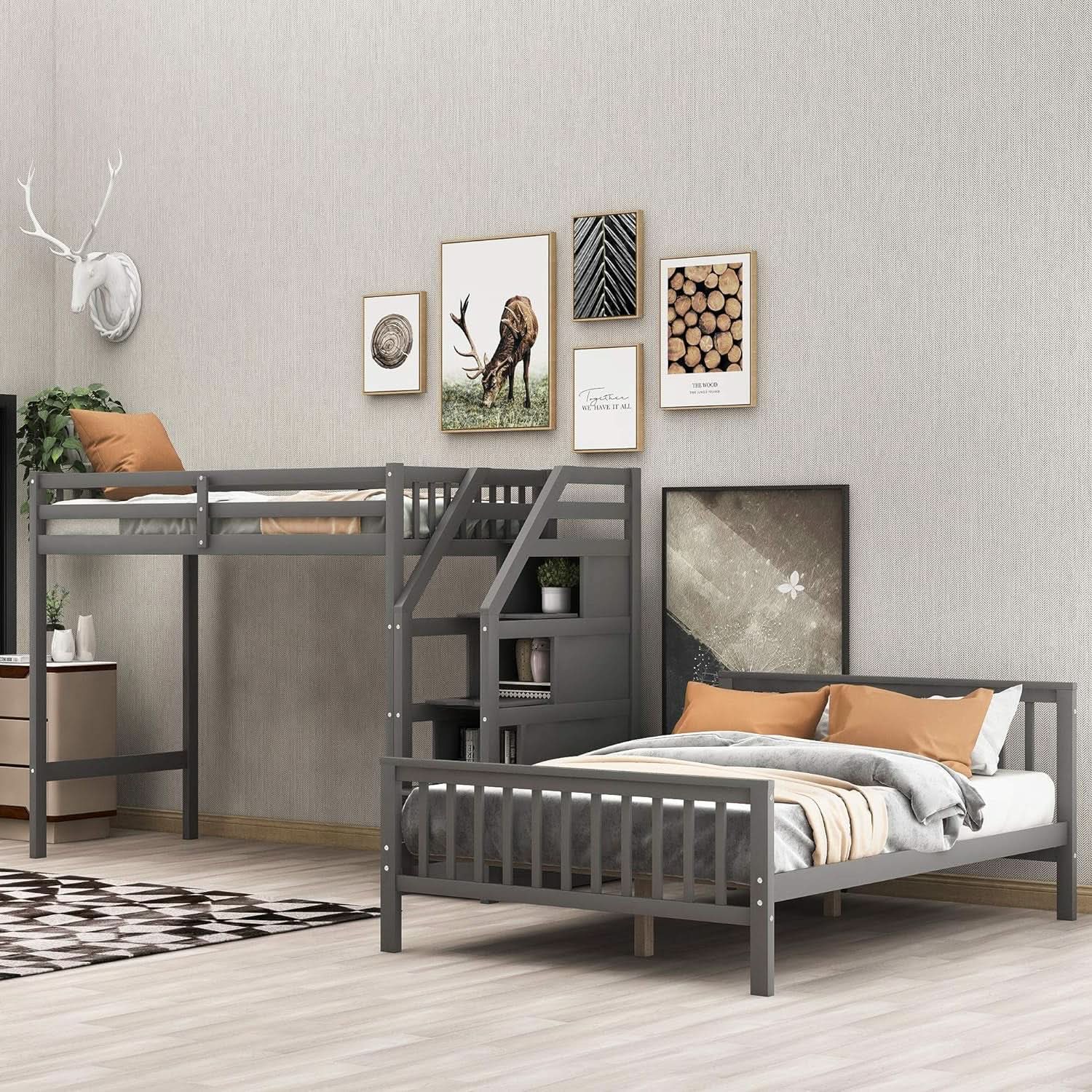 Gray Twin Over Full Bunk Bed With Storage Stairs Solid Wood from PriceLows™