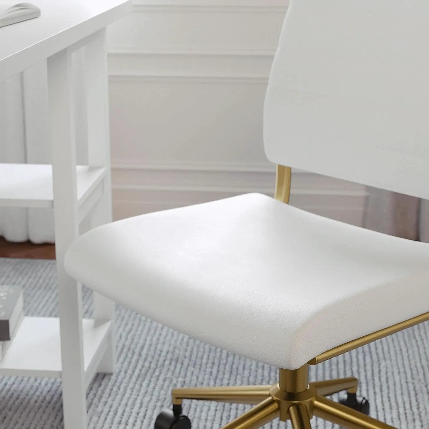 White Faux Leather Armless Swivel Chair Brass Frame from PriceLows™
