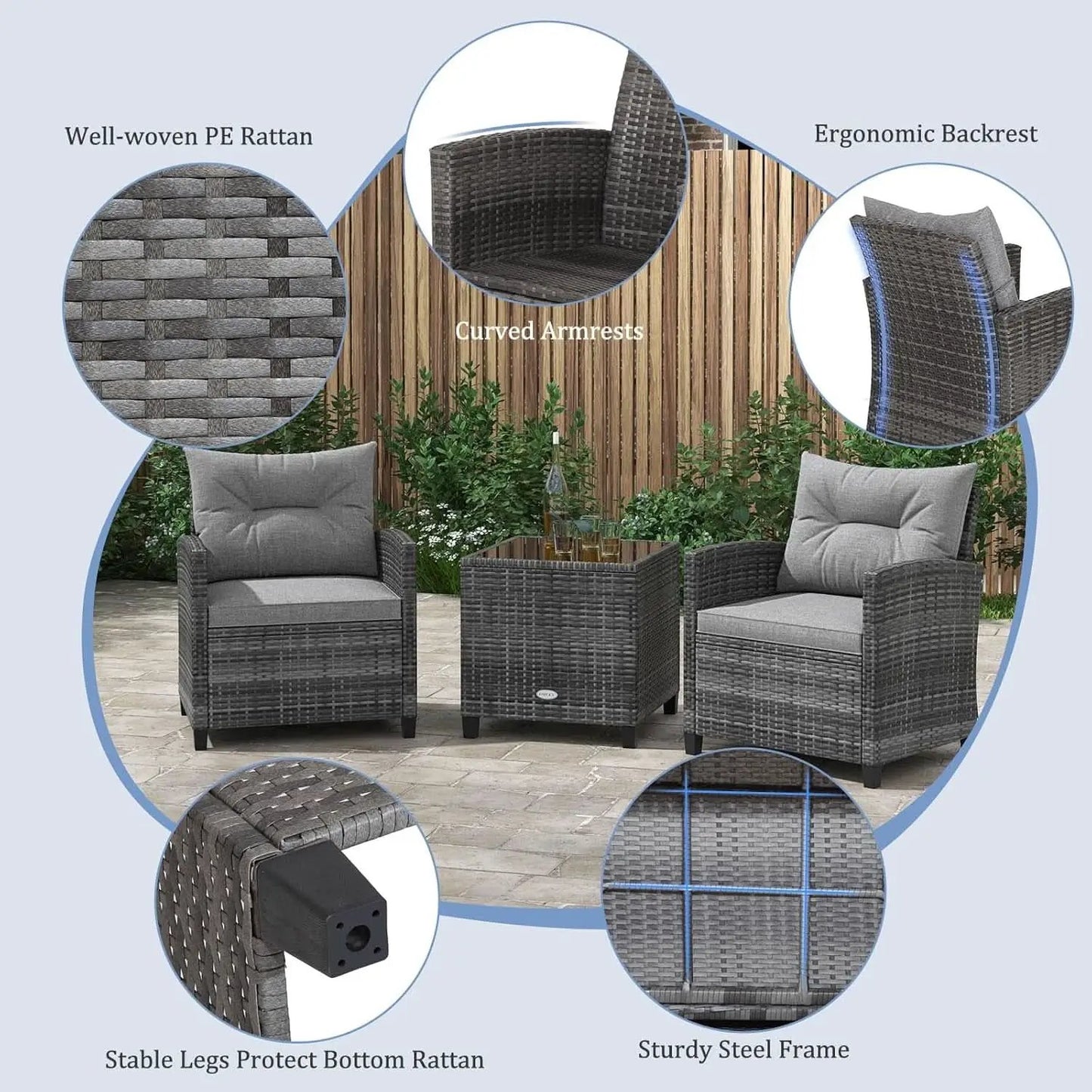 3 Piece Patio Furniture Set Outdoor PE Rattan Conversation Set With Washable Cushions And Tempered Glass Table Grey from PriceLows™