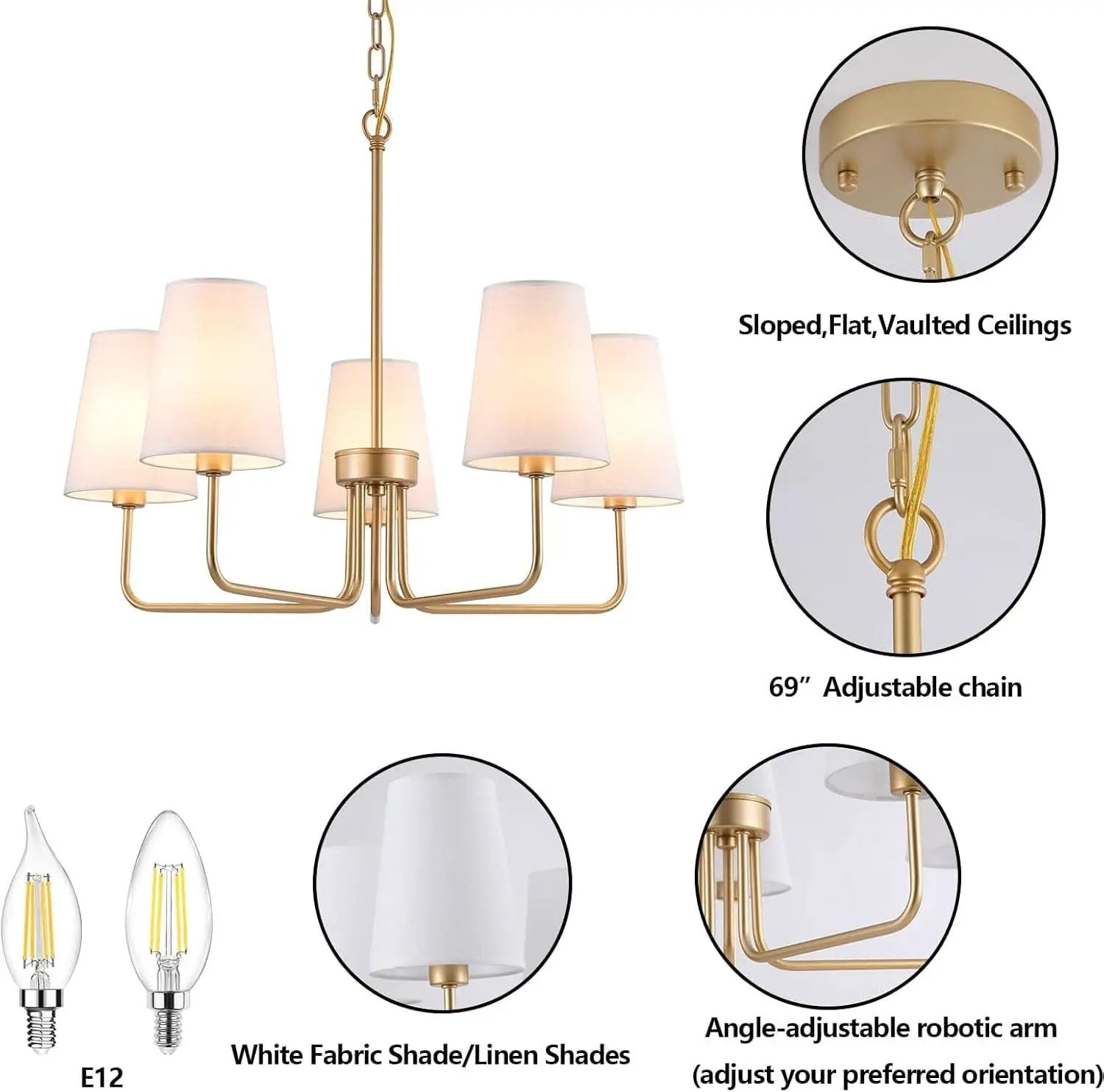 Five Light Gilded Farmhouse Chandelier With White Shades from PriceLows™