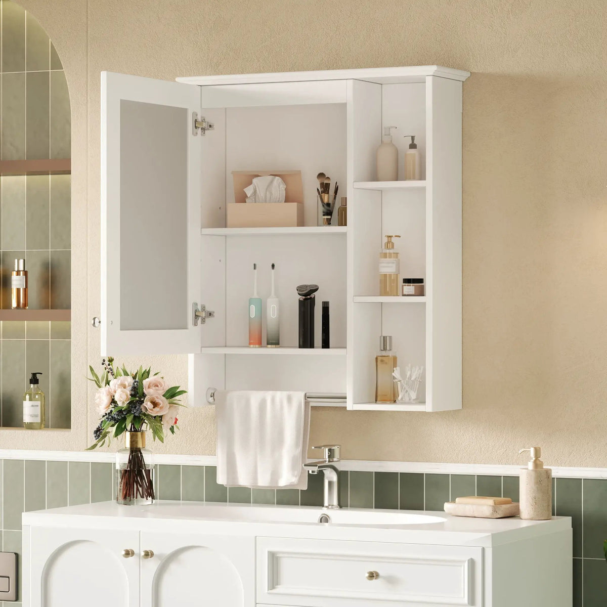 3-In-1 Bathroom Mirror Cabinet | Adjustable Shelf | Towel Bar | Full-Length Mirror