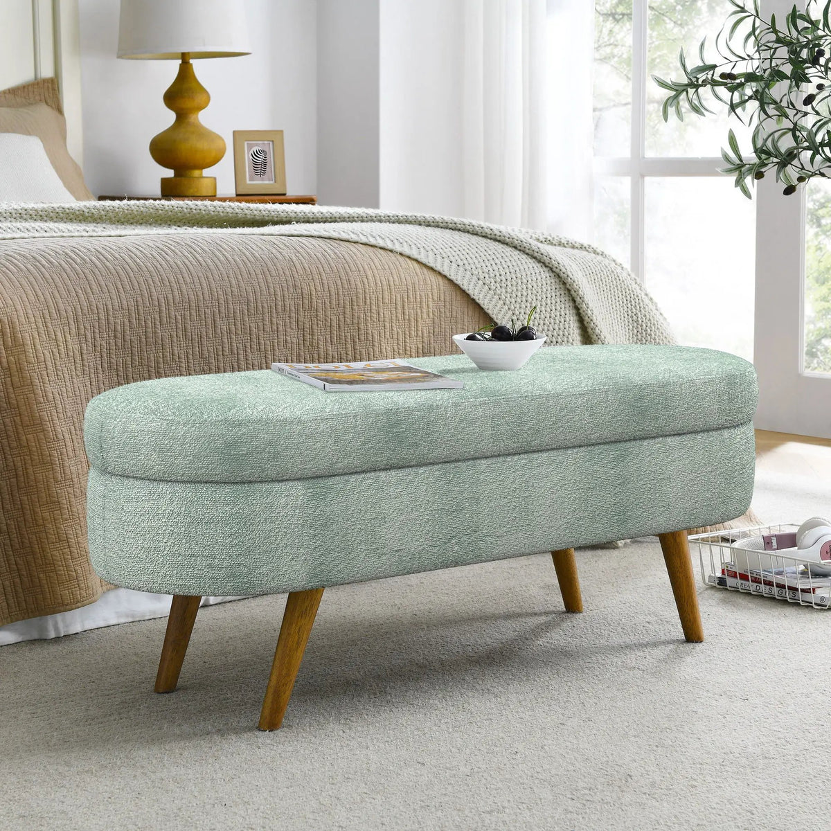 Oval Storage Ottoman Bench | Rubber Wood Legs | Pleated Dark Fabric | Footstool Or Extra Seating