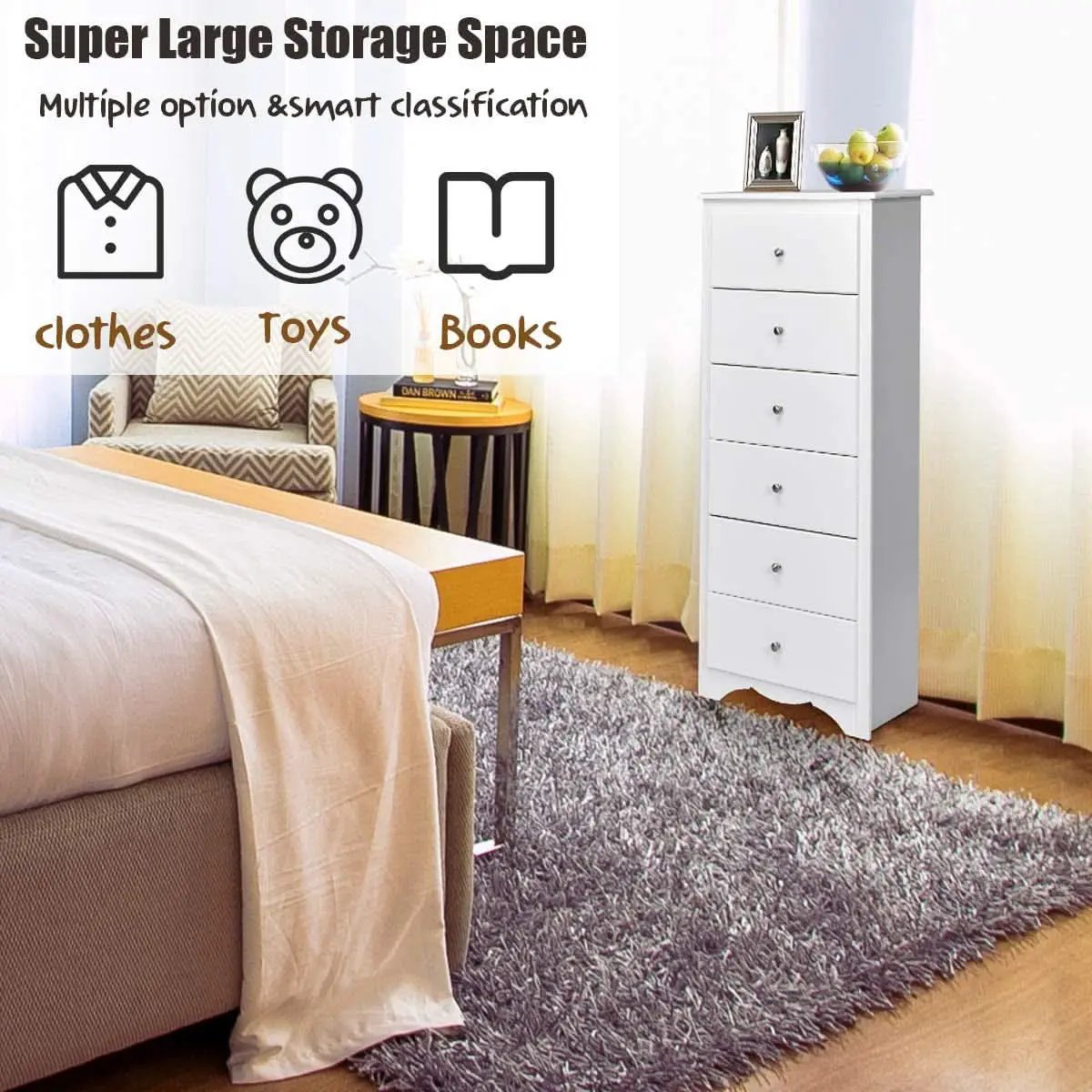 White Wooden 6 Drawer Dresser Chest For Bedroom Storage from PriceLows™