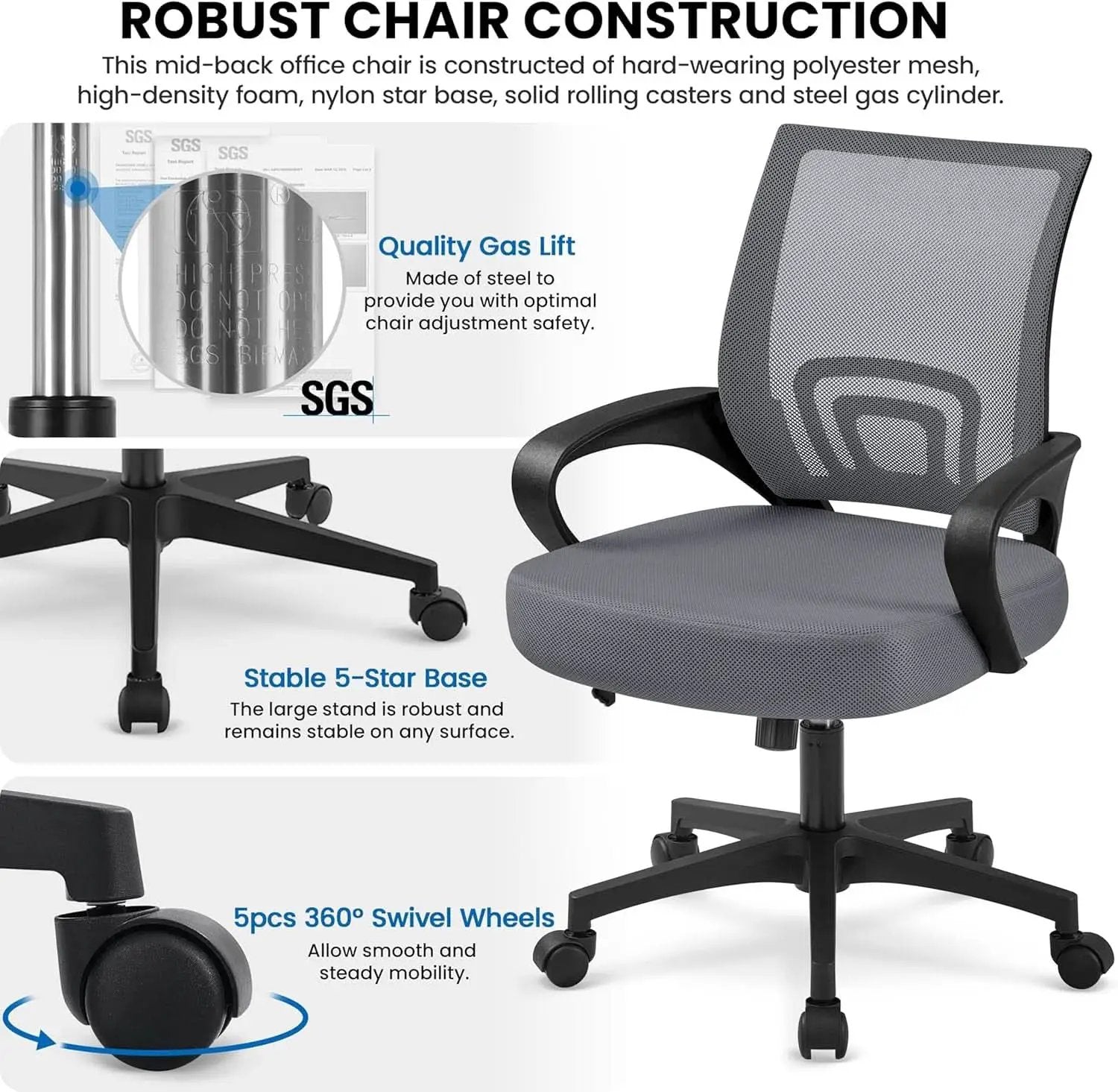 Dark Grey Ergonomic Mesh Office Chair With Lumbar Support Mid Back from PriceLows™