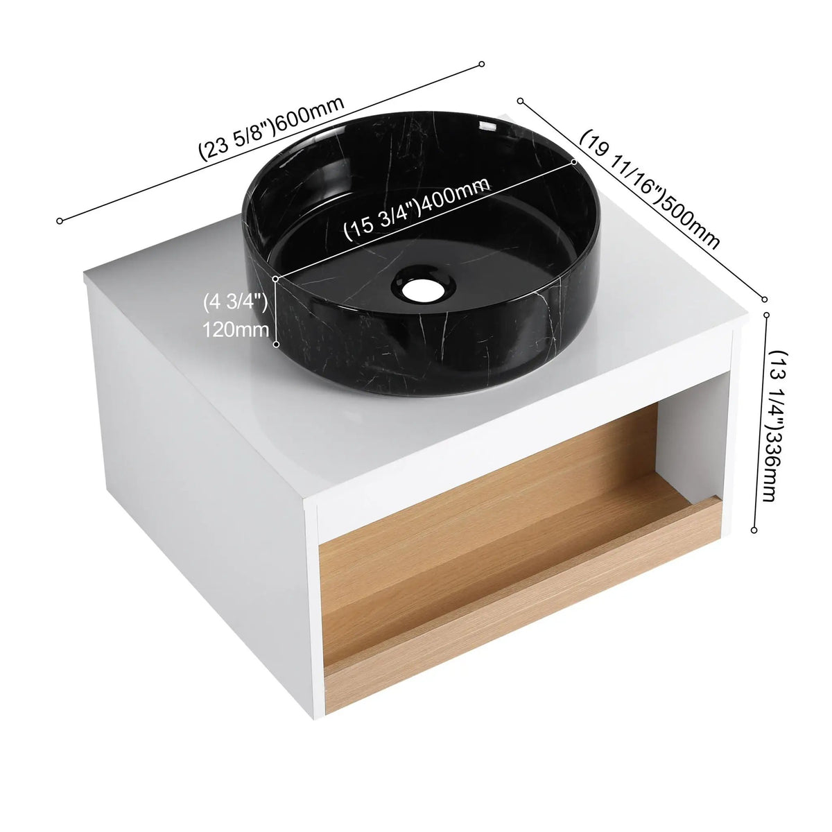Wall Mounted Bathroom Vanity | Vessel Sink | Open Shelf Storage