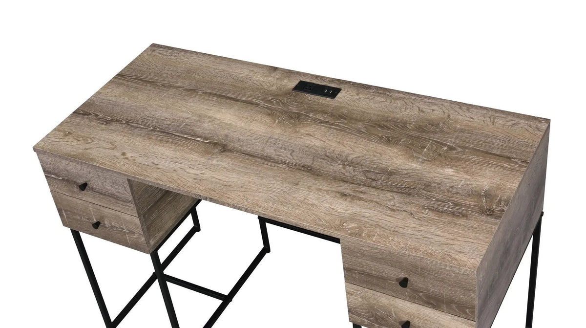 Desirre Writing Desk With USB Port | Oak Finish | Four Storage Drawers | Contemporary Metal Base