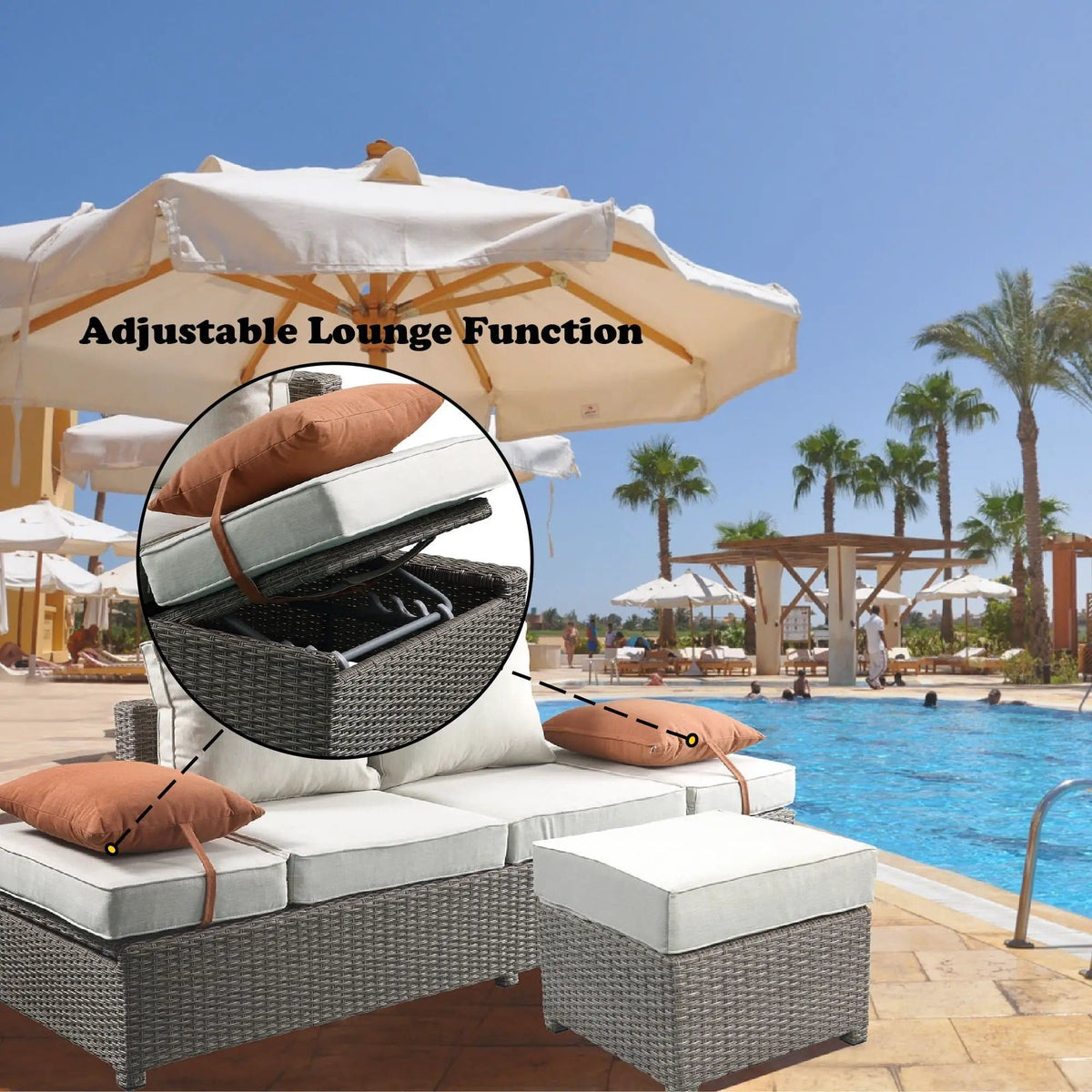 Salena All Weather Wicker Patio Sofa & Ottoman With 2 Toss Pillows 2 Piece Outdoor | 31 x 83 x 26 in | Polyester & Fabric | Gray / Beige