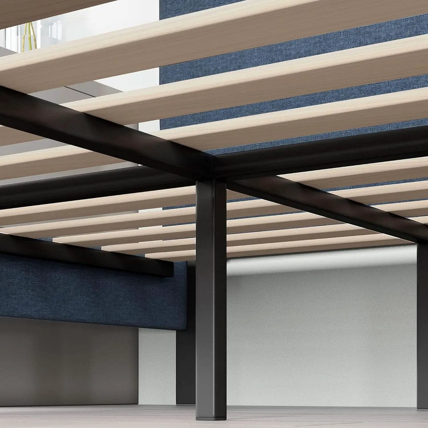 Omkaram Navy Upholstered Platform Bed Frame No Box Spring from PriceLows™