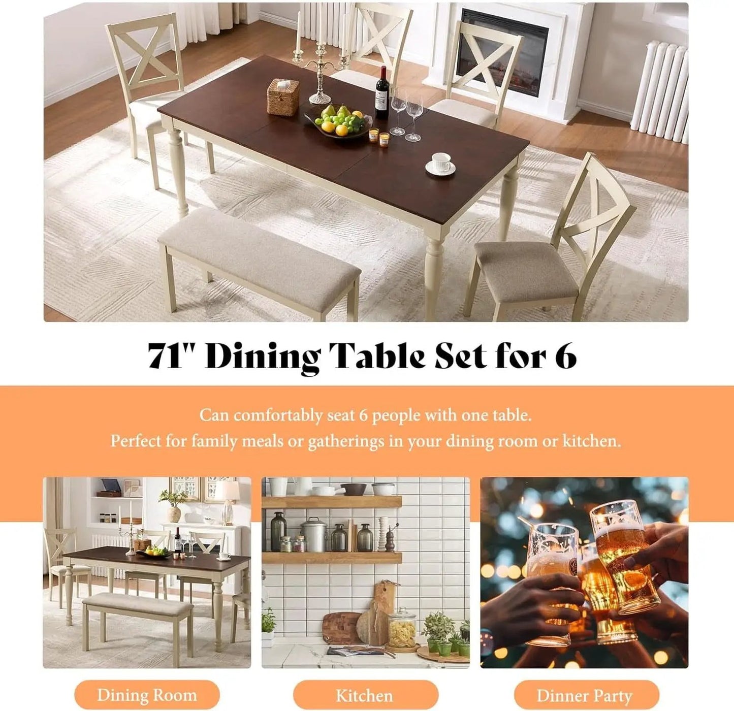 71 Inch Premium Solid Wood Dining Table Walnut Finish from PriceLows™