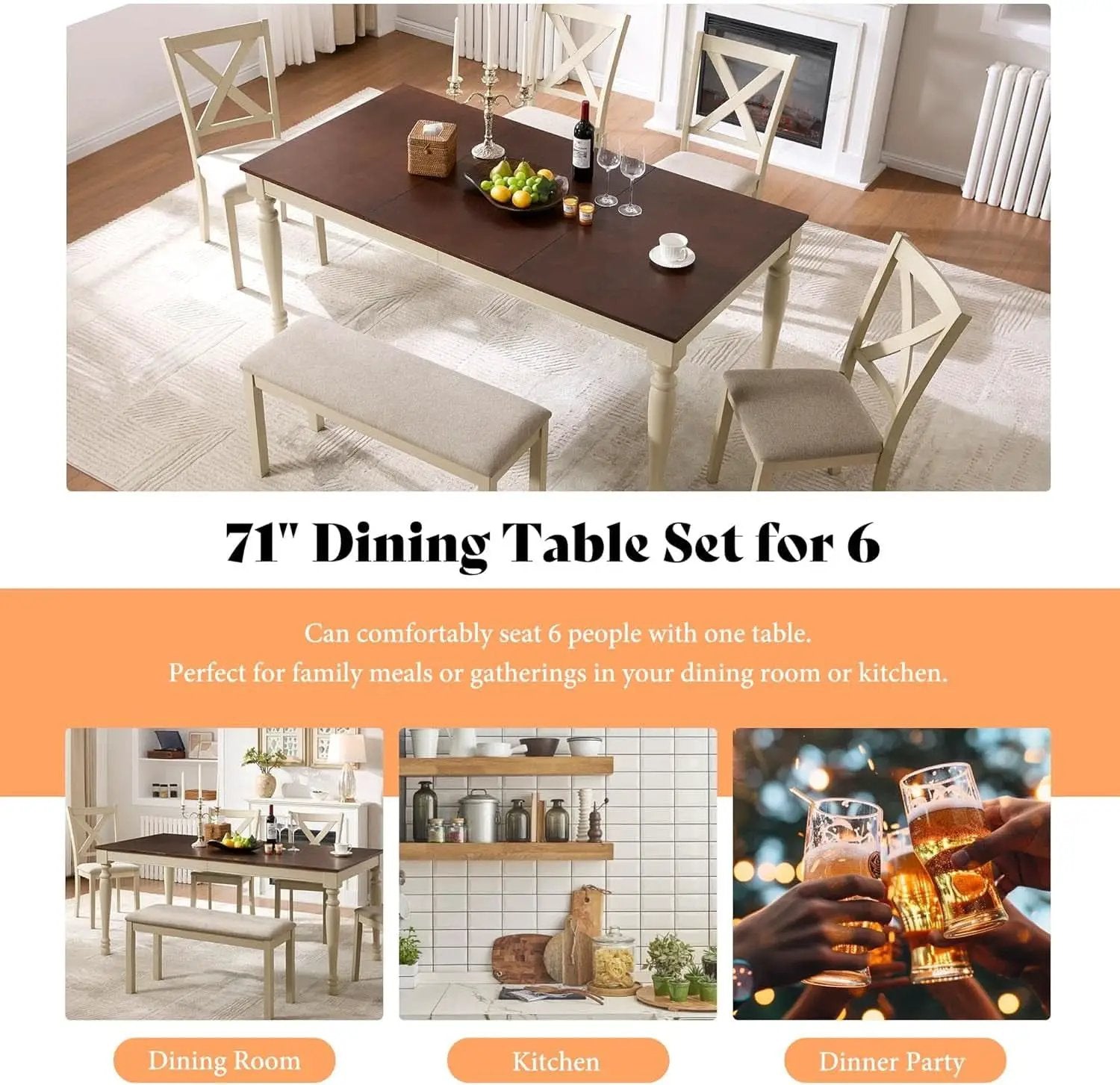 71 Inch Premium Solid Wood Dining Table Walnut Finish from PriceLows™