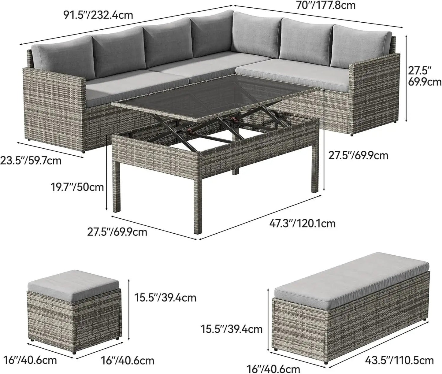 L Shaped Sectional Sofa Set With Lift Top Table Gray from PriceLows™