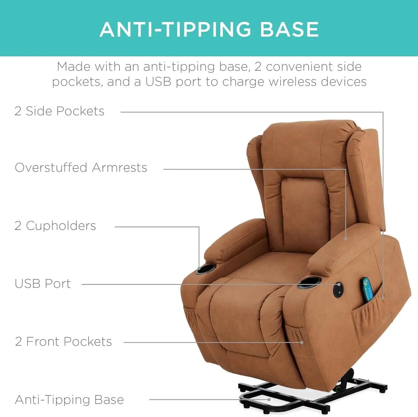 Cognac PU Leather Power Lift Recliner With Massage And Heat from PriceLows™
